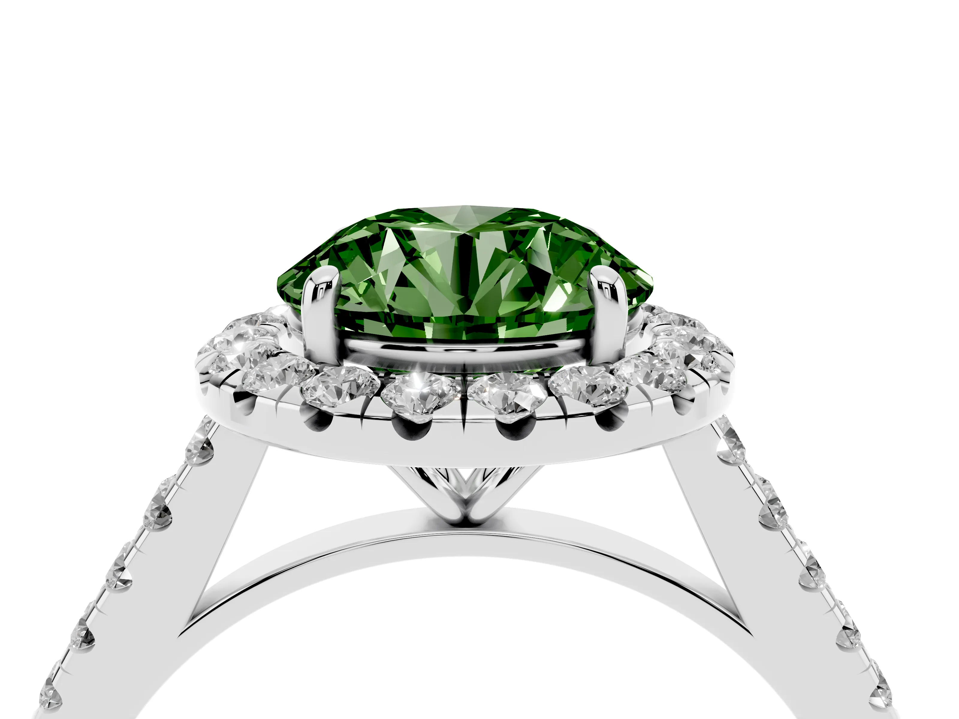 Fancy Green Round Cut Diamond Halo Pavé Engagement Ring Set in White gold with Prong Setting
