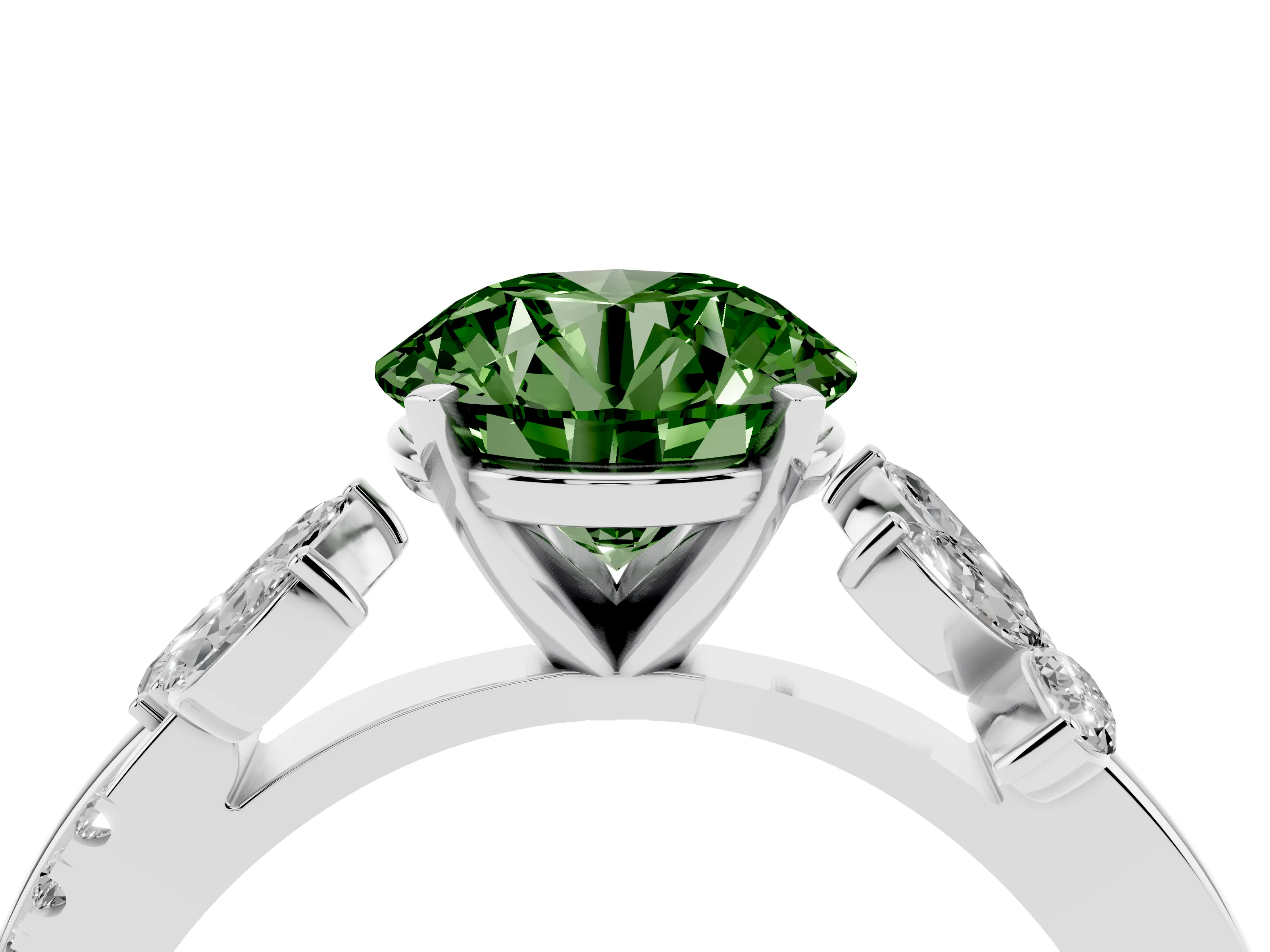 Fancy Green Round Cut Diamond Floral Vine Solitaire Engagement Ring Set in Platinum with Marquise Leaves