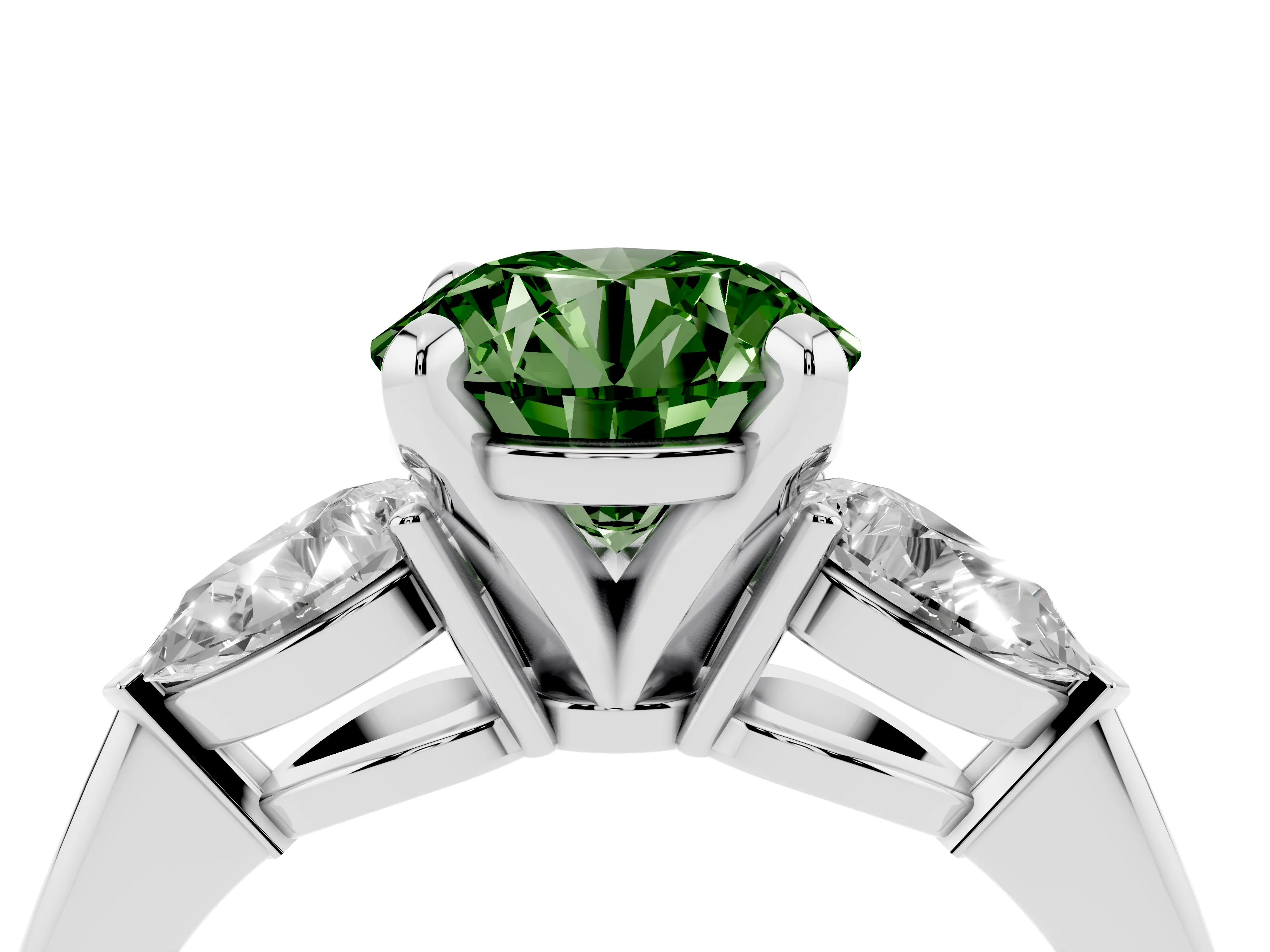 Fancy Green Three-Stone Round Cut Diamond Ring Set in Silver with Pear Side Stones and Prong Setting