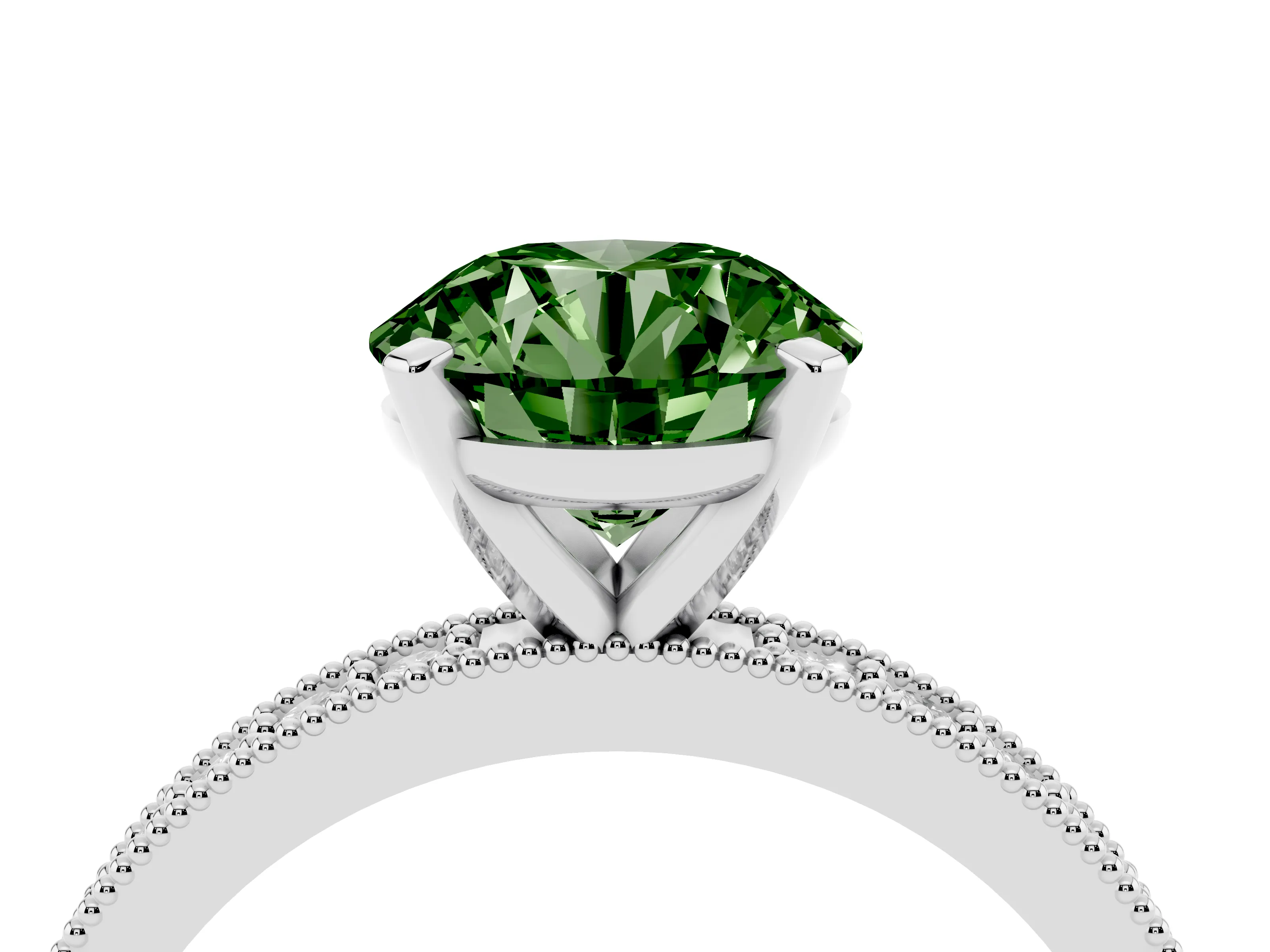 Fancy Green Round Cut Diamond Milgrain Pavé Engagement Ring Set in White gold with Prong Setting