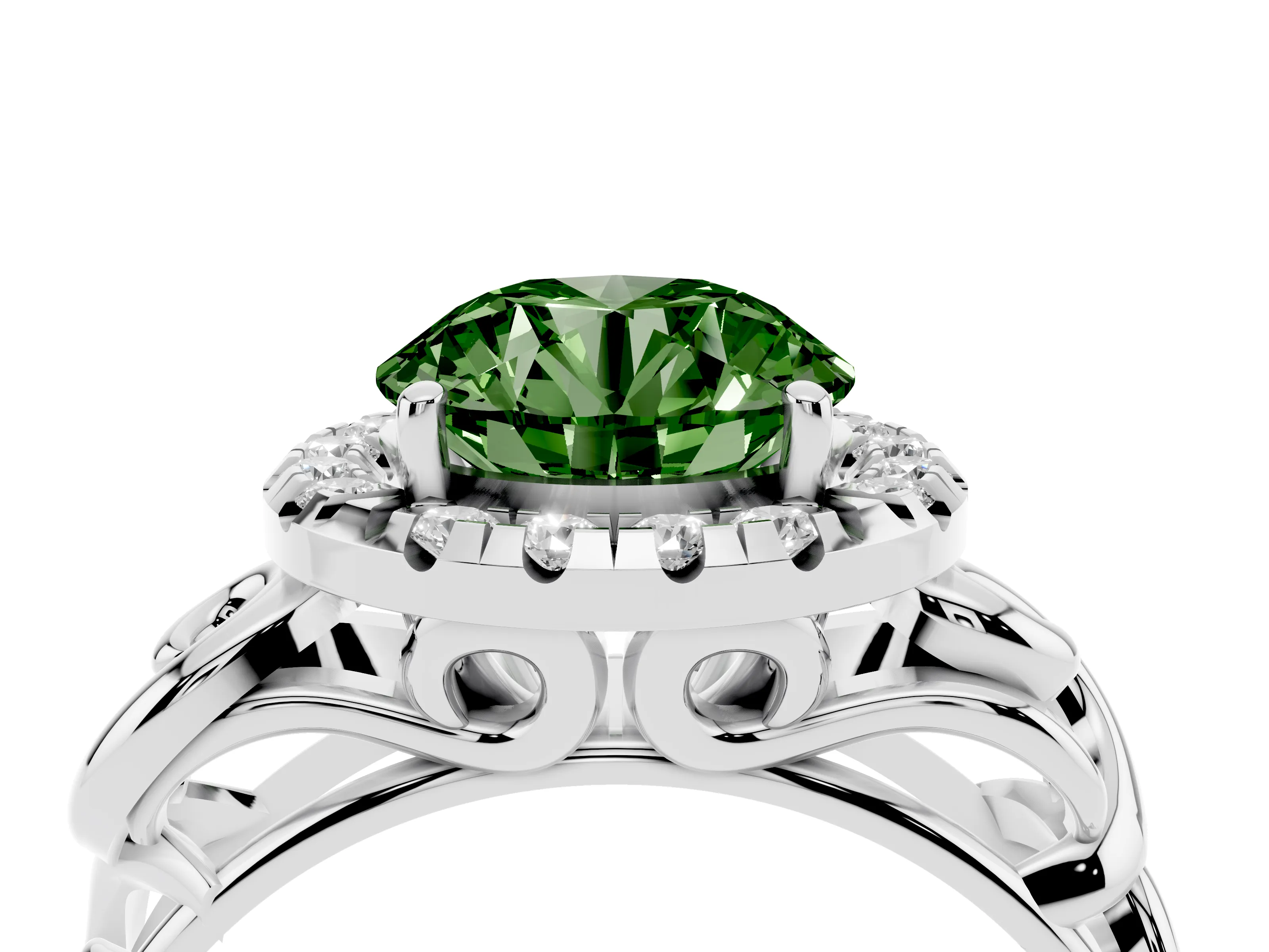 Fancy Green Round Cut Diamond Halo Ring Set in Platinum with Scrollwork Band and Prong Setting