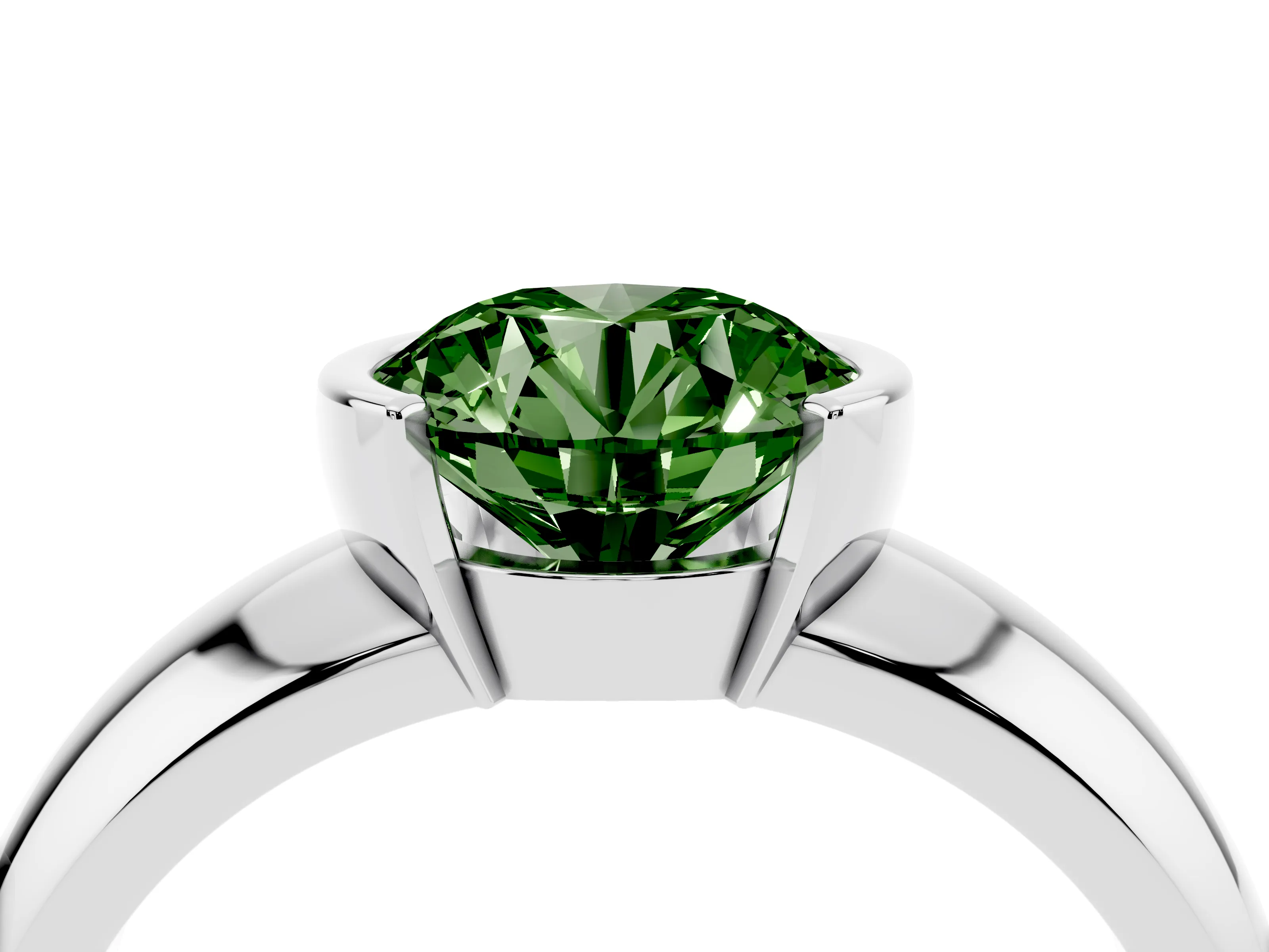 Fancy Green Round Cut Diamond Solitaire Tension Set Ring Set in White gold with Wide Band