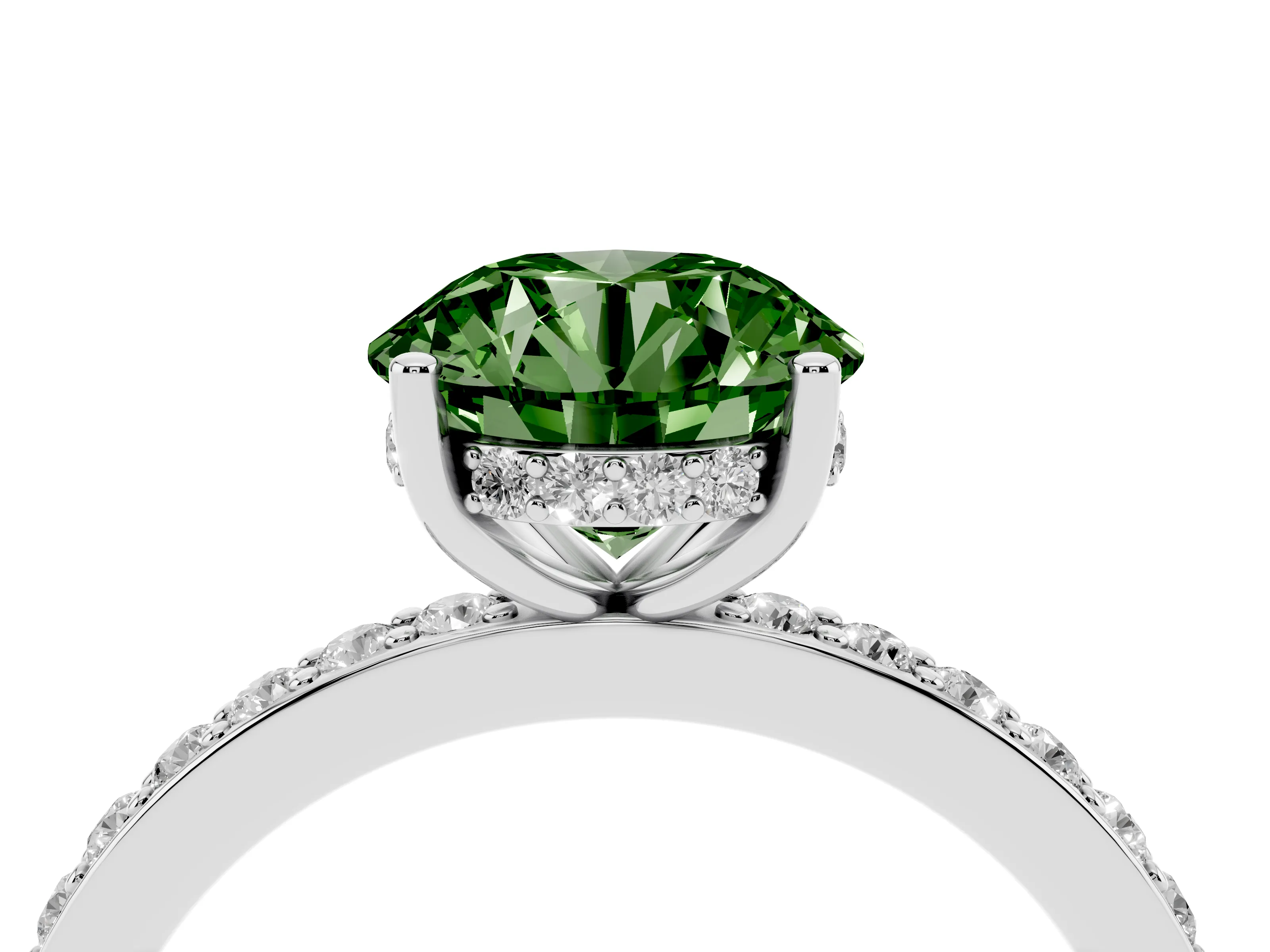 Fancy Green Round Cut Diamond Pavé Band Ring Set in White gold with Prong-Set Center Stone