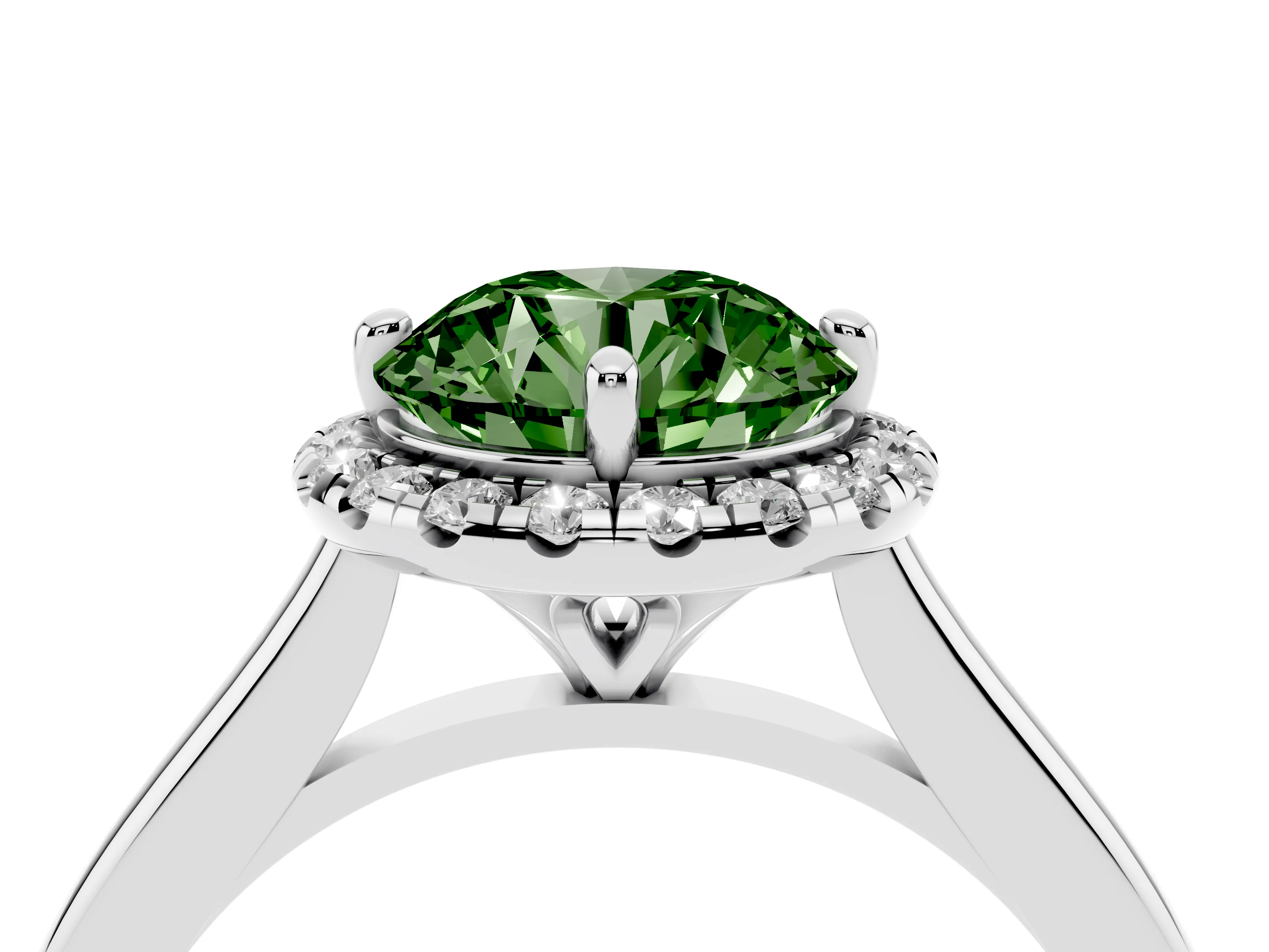 Fancy Green Round Cut Diamond Halo Engagement Ring Set in Platinum with Pavé Band and Rising Shoulders