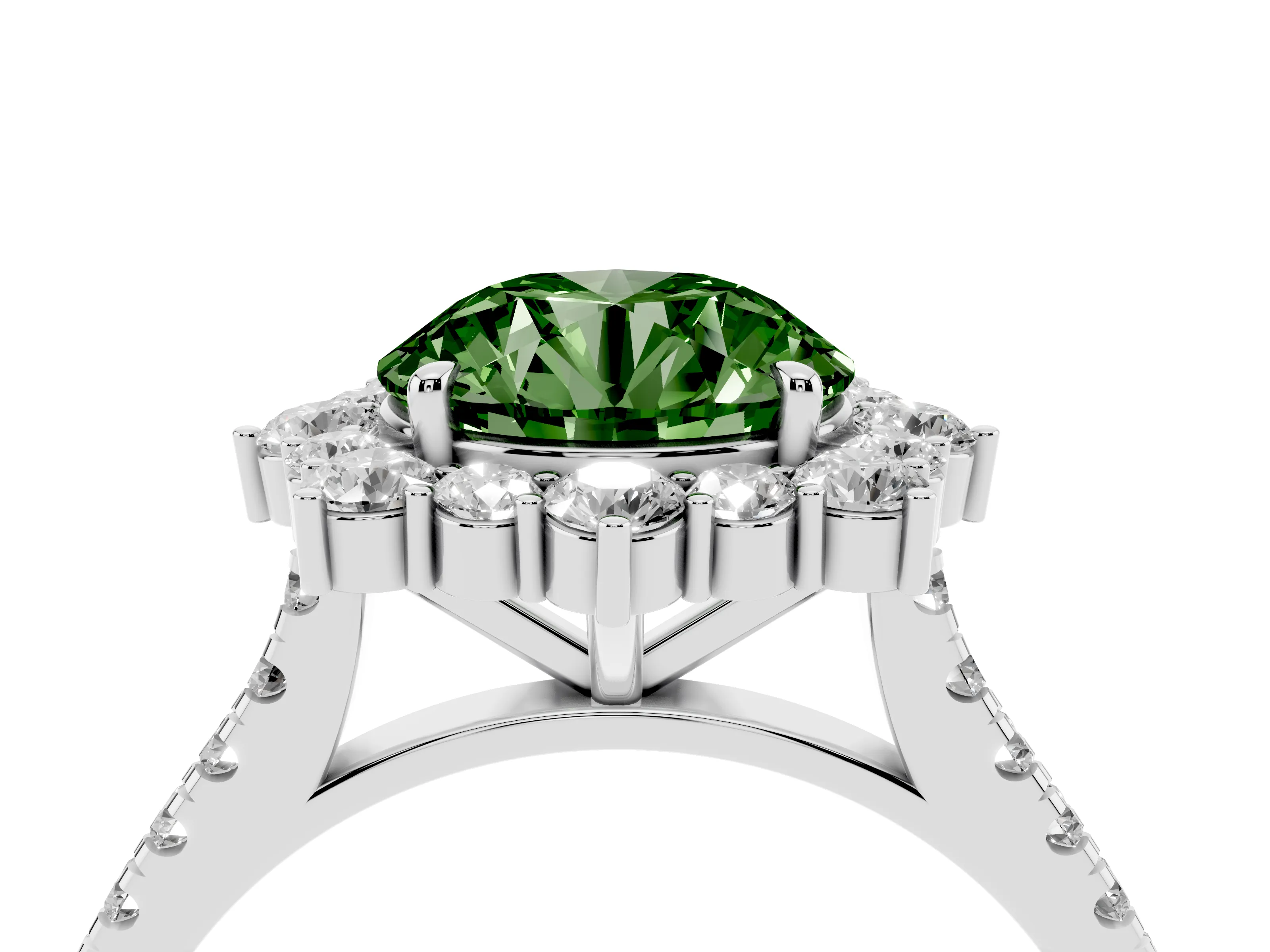 Fancy Green Round Cut Diamond Halo Ring Set in Silver with Pavé Band and Prong Setting