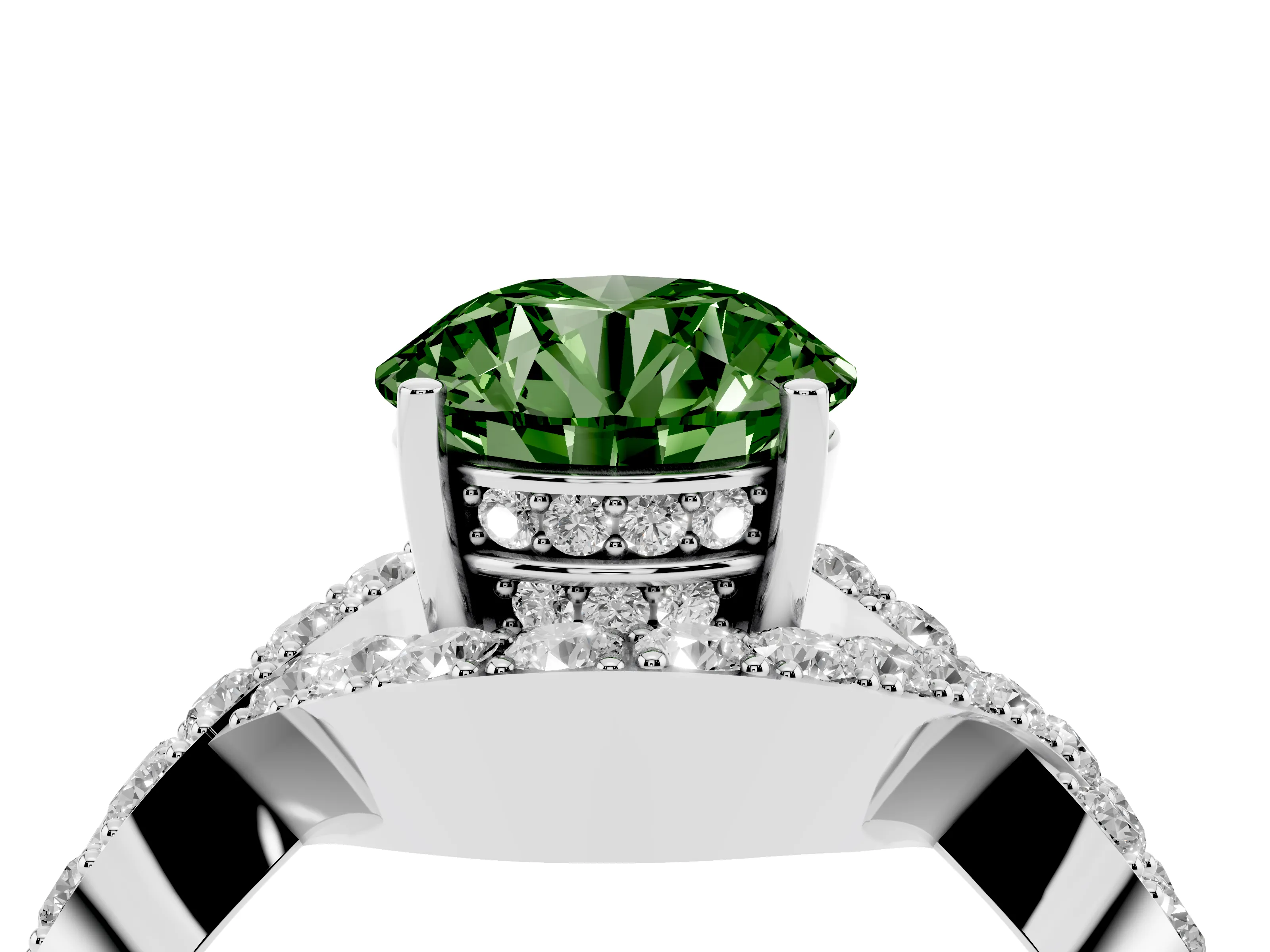 Fancy Green Round Cut Diamond Solitaire Twist Band Pavé Engagement Ring Set in White gold