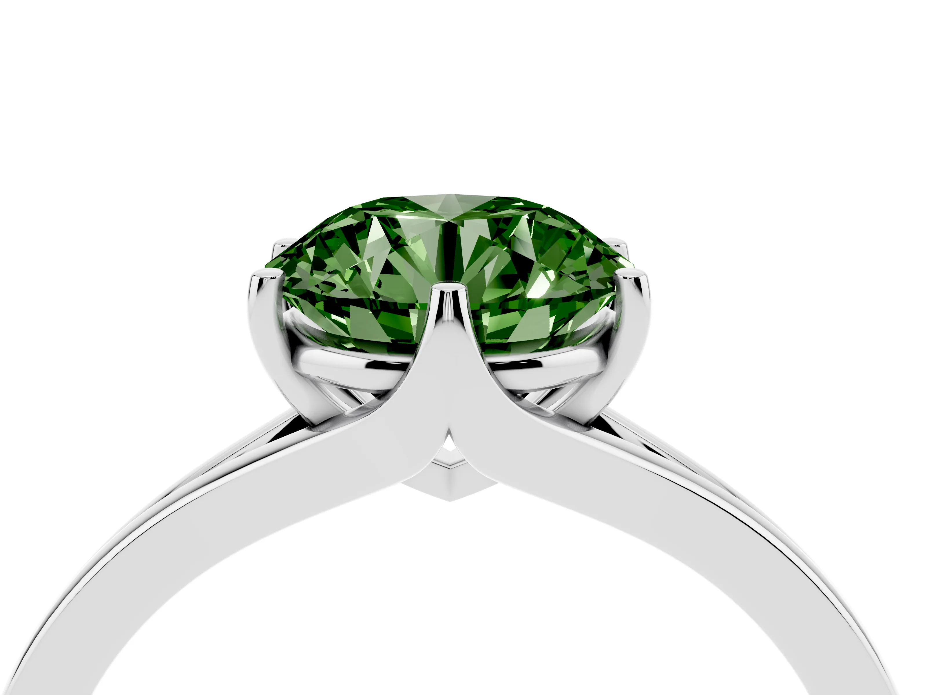 Fancy Green Round Cut Diamond Solitaire Ring Set in Silver with Polished Tapered Band and Prong Setting