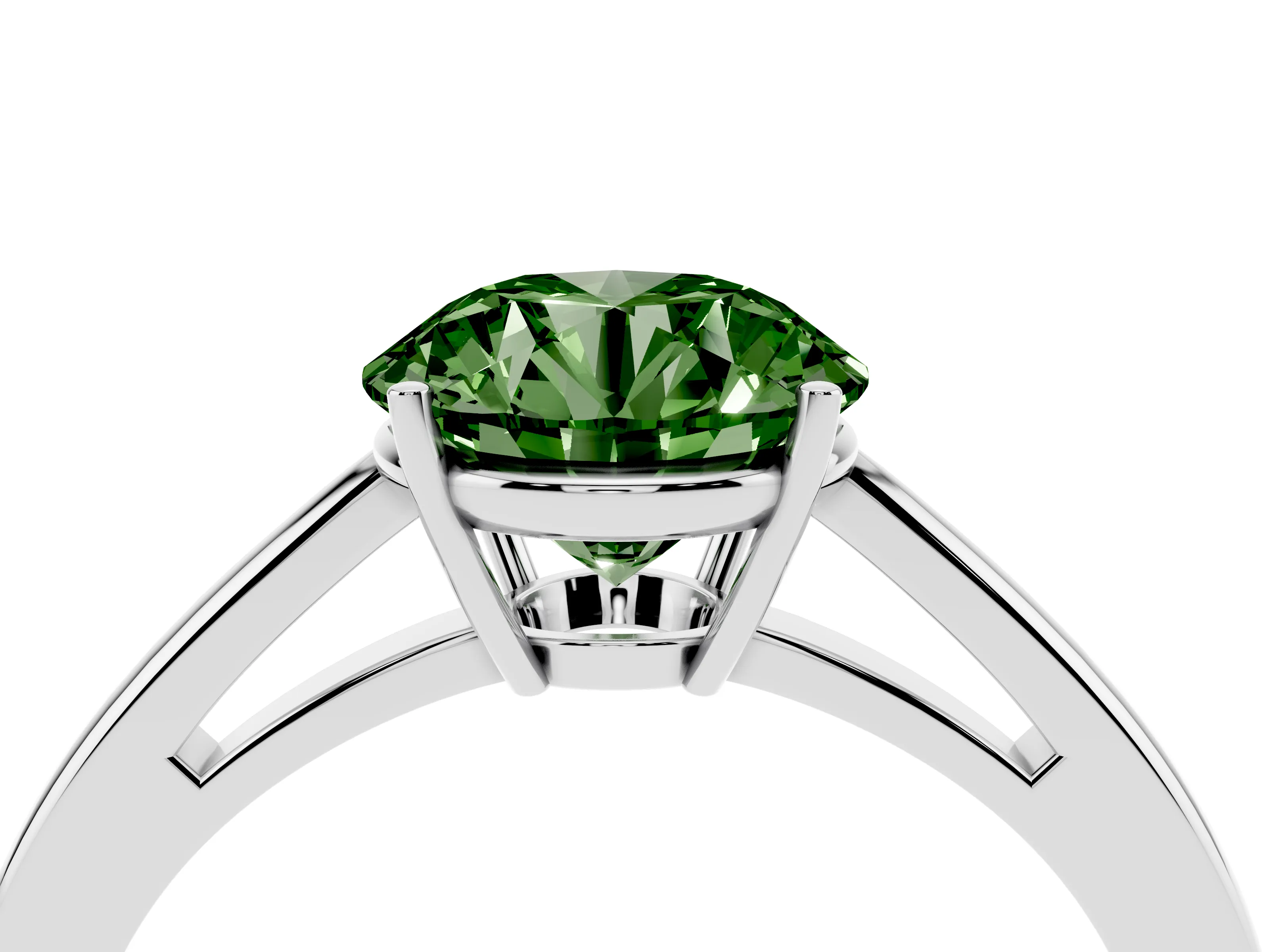 Fancy Green Round Cut Diamond Solitaire Ring Set in White gold with Split Shank and Prong Setting