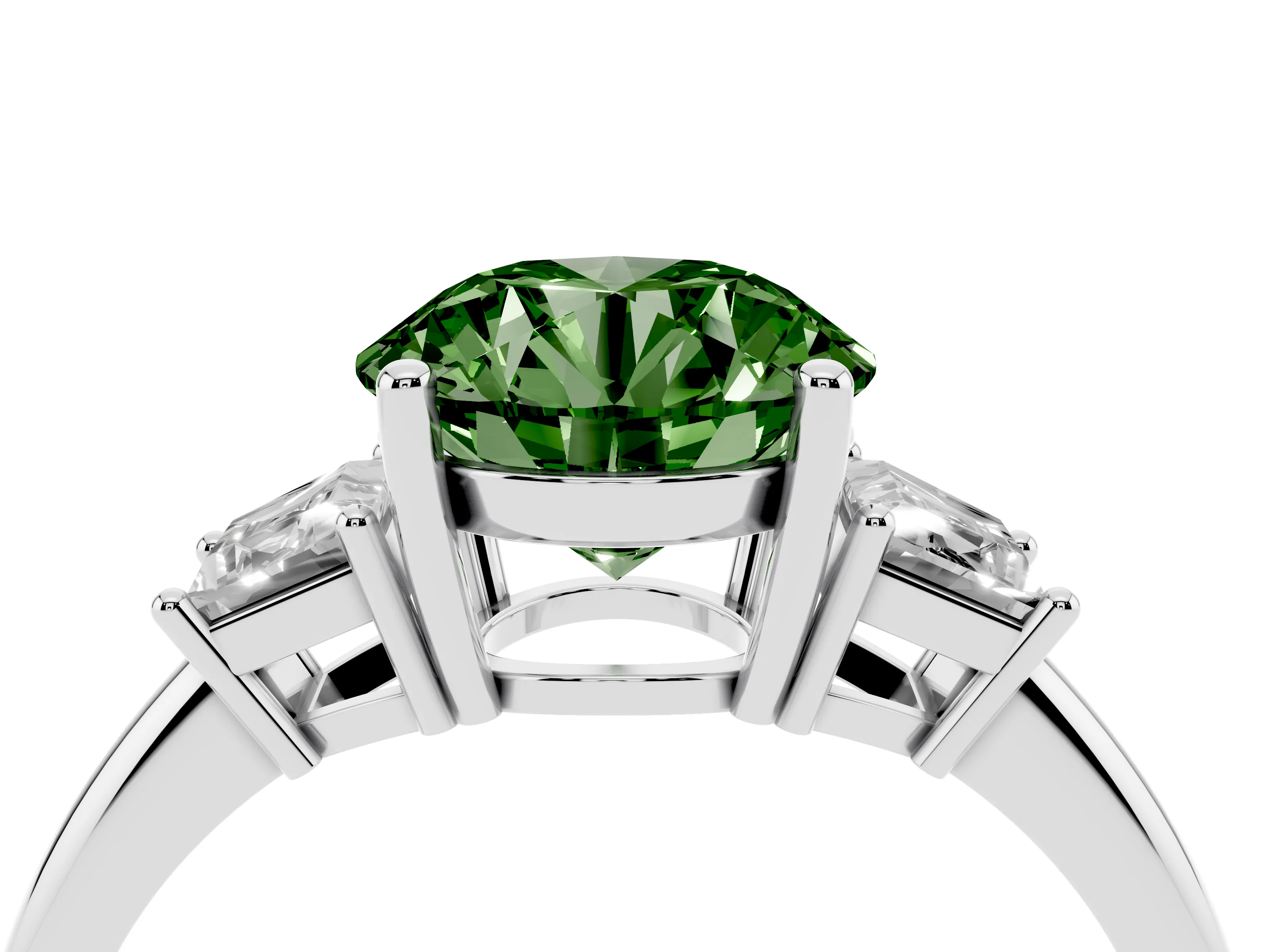 Fancy Green Round Cut Diamond Three-Stone Ring Set in White gold with Trapezoid Side Stones and Prong Setting
