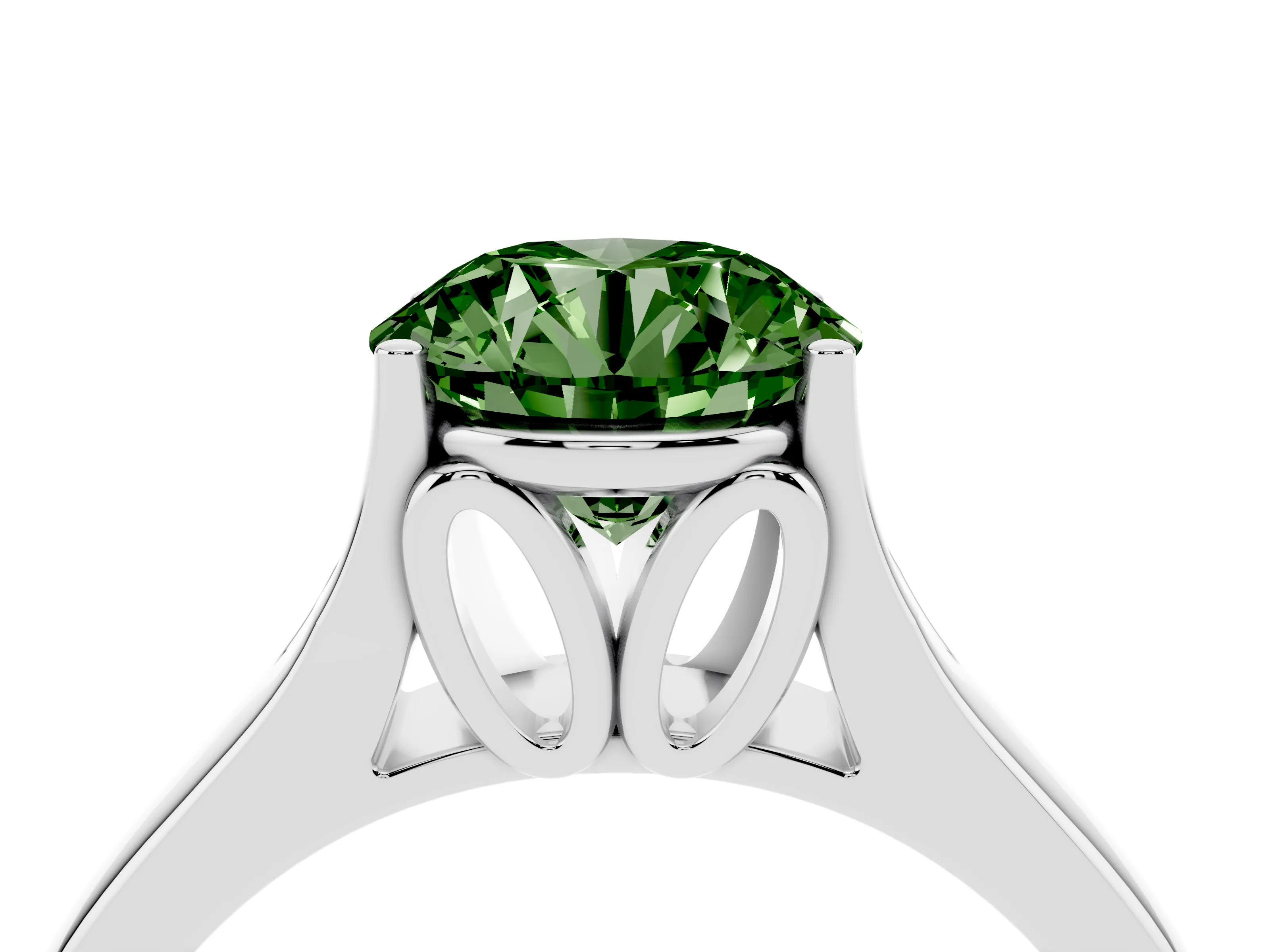Fancy Green Round Cut Diamond Solitaire Ring Set in Platinum with Arched Cathedral Band and Prong Setting