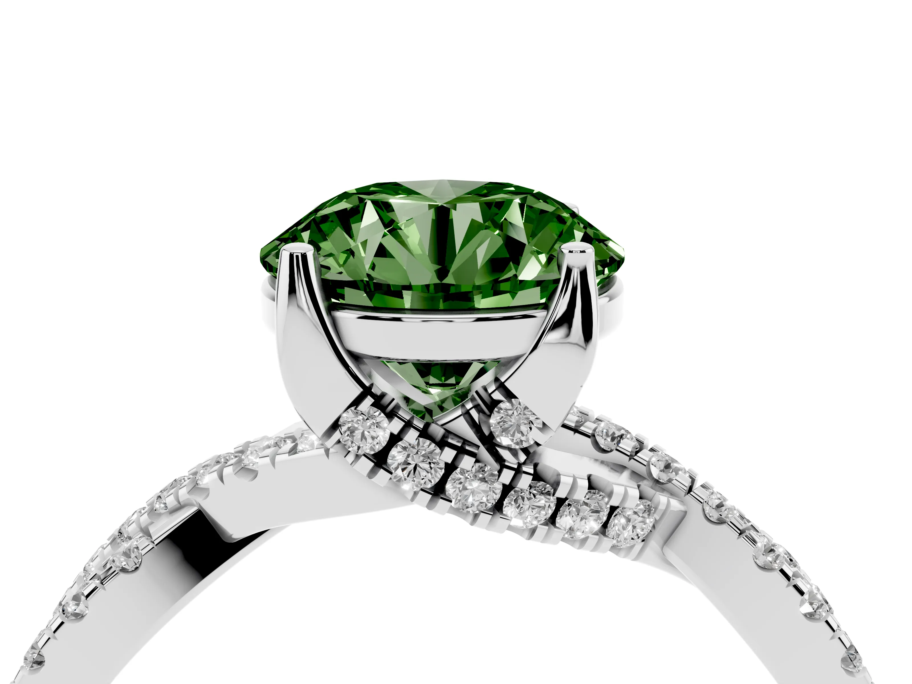 Fancy Green Round Cut Diamond Twist Pavé Solitaire Engagement Ring Set in Silver with Prong Setting
