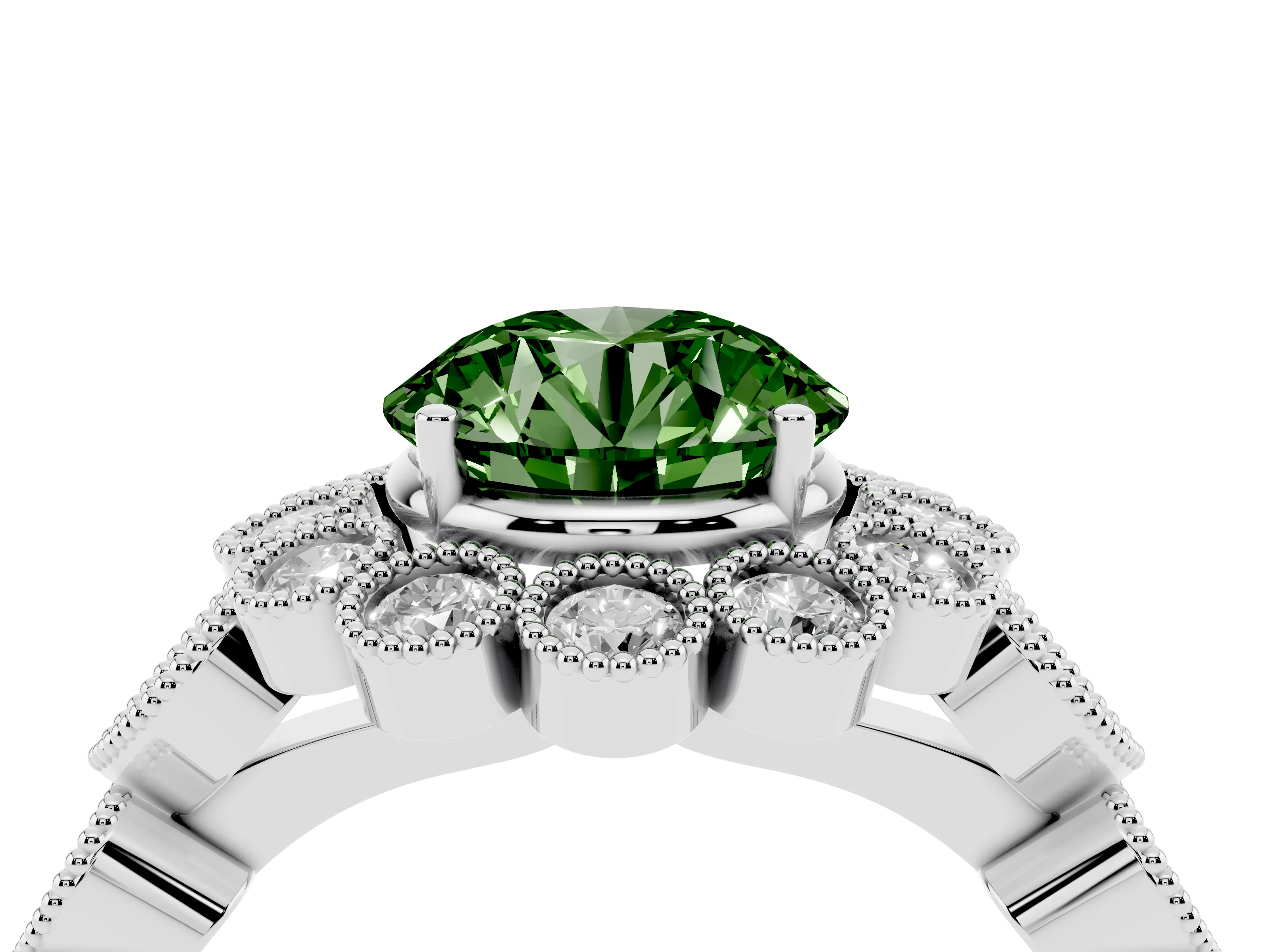 Fancy Green Round Cut Diamond Solitaire Ring Set in White gold with Milgrain Pavé Heart Band