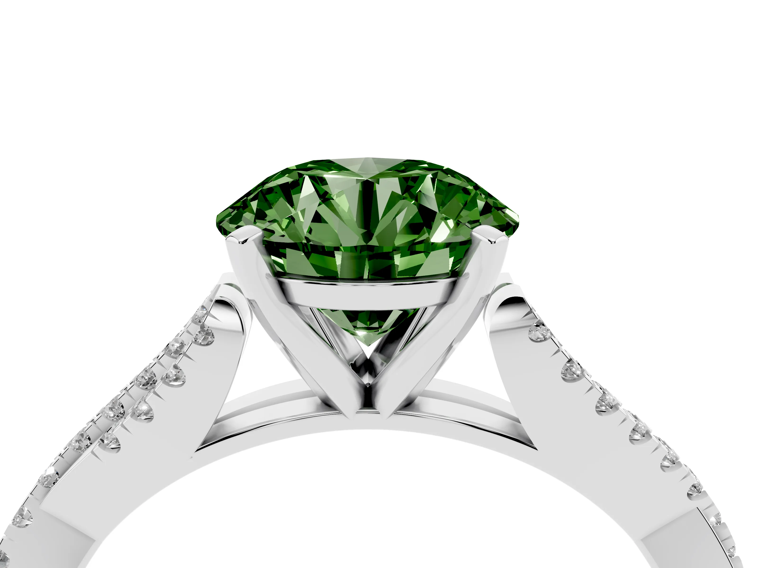 Fancy Green Round Cut Diamond Solitaire Engagement Ring Set in Platinum with Twisted Pavé Band and Prong Setting