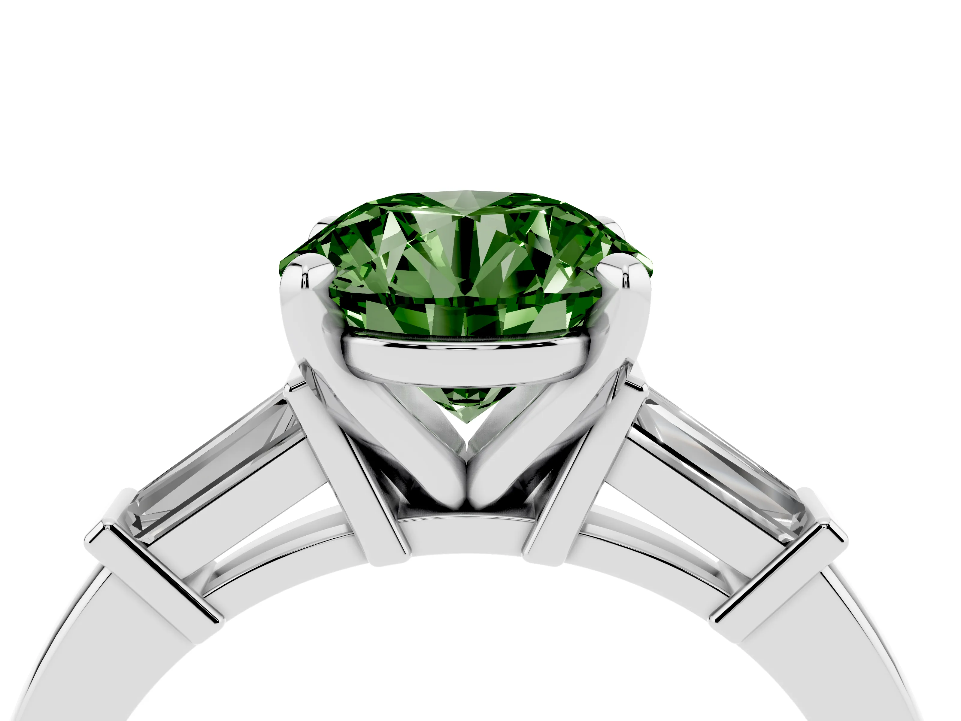 Fancy Green Round Cut Diamond Solitaire Ring Set in Platinum with Tapered Baguette Accents and Prong Setting