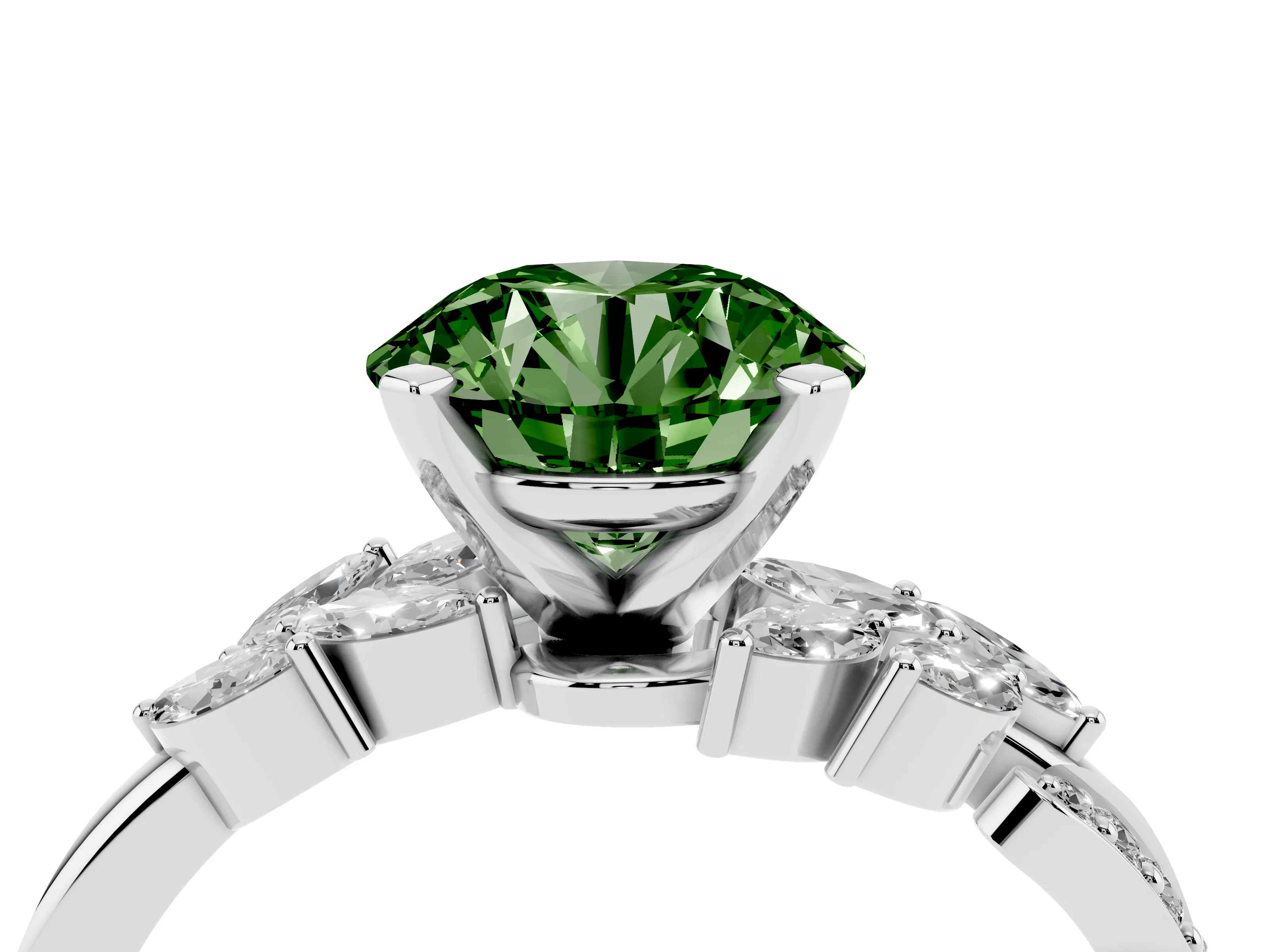 Fancy Green Round Cut Diamond Solitaire Ring Set in Silver with Marquise Twist Band and Prong Setting
