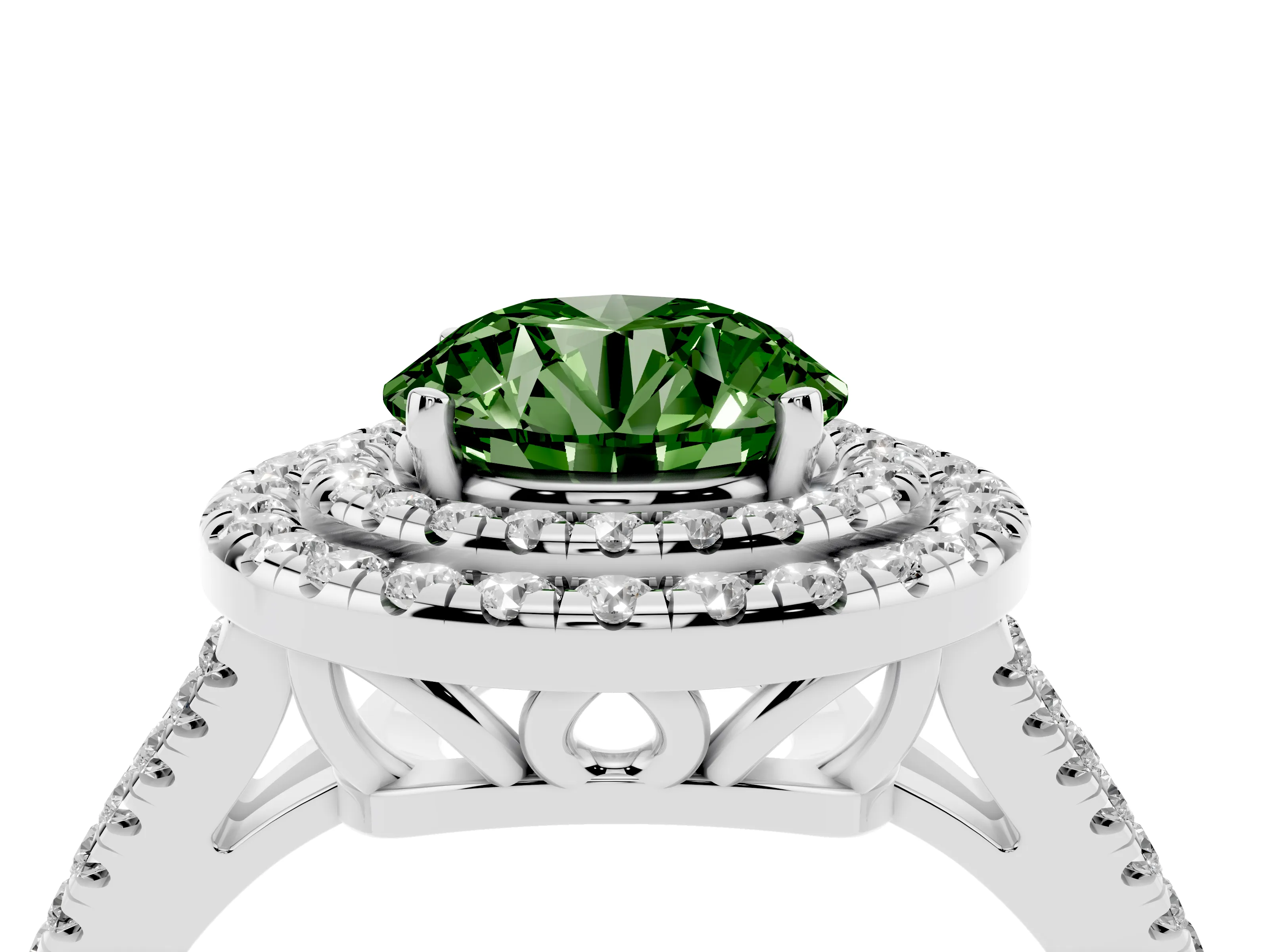 Fancy Green Round Cut Diamond Double Halo Ring Set in Platinum with Pavé Band
