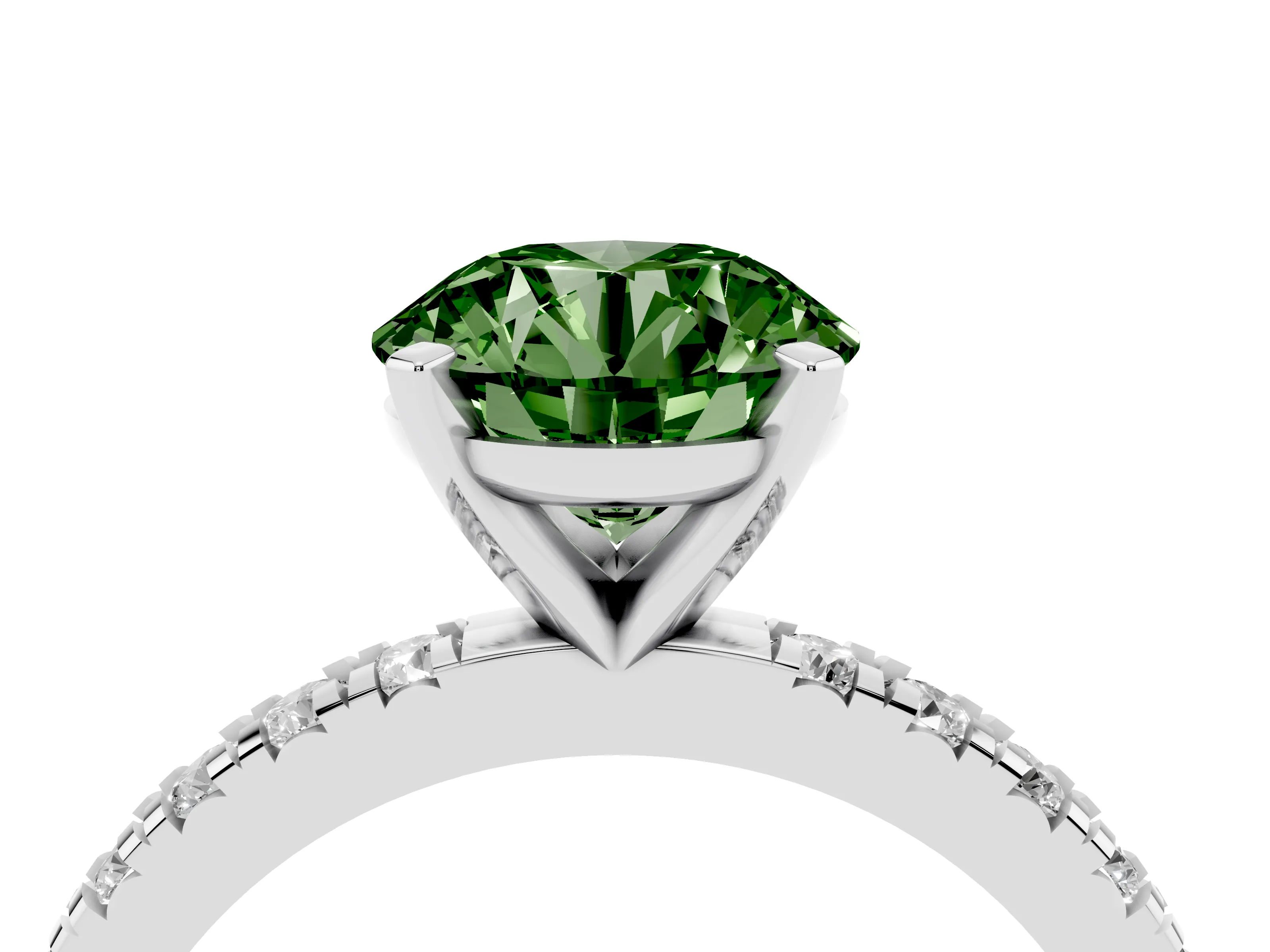 Fancy Green Round Cut Diamond Pavé Band Solitaire Set in Silver with Prong Setting