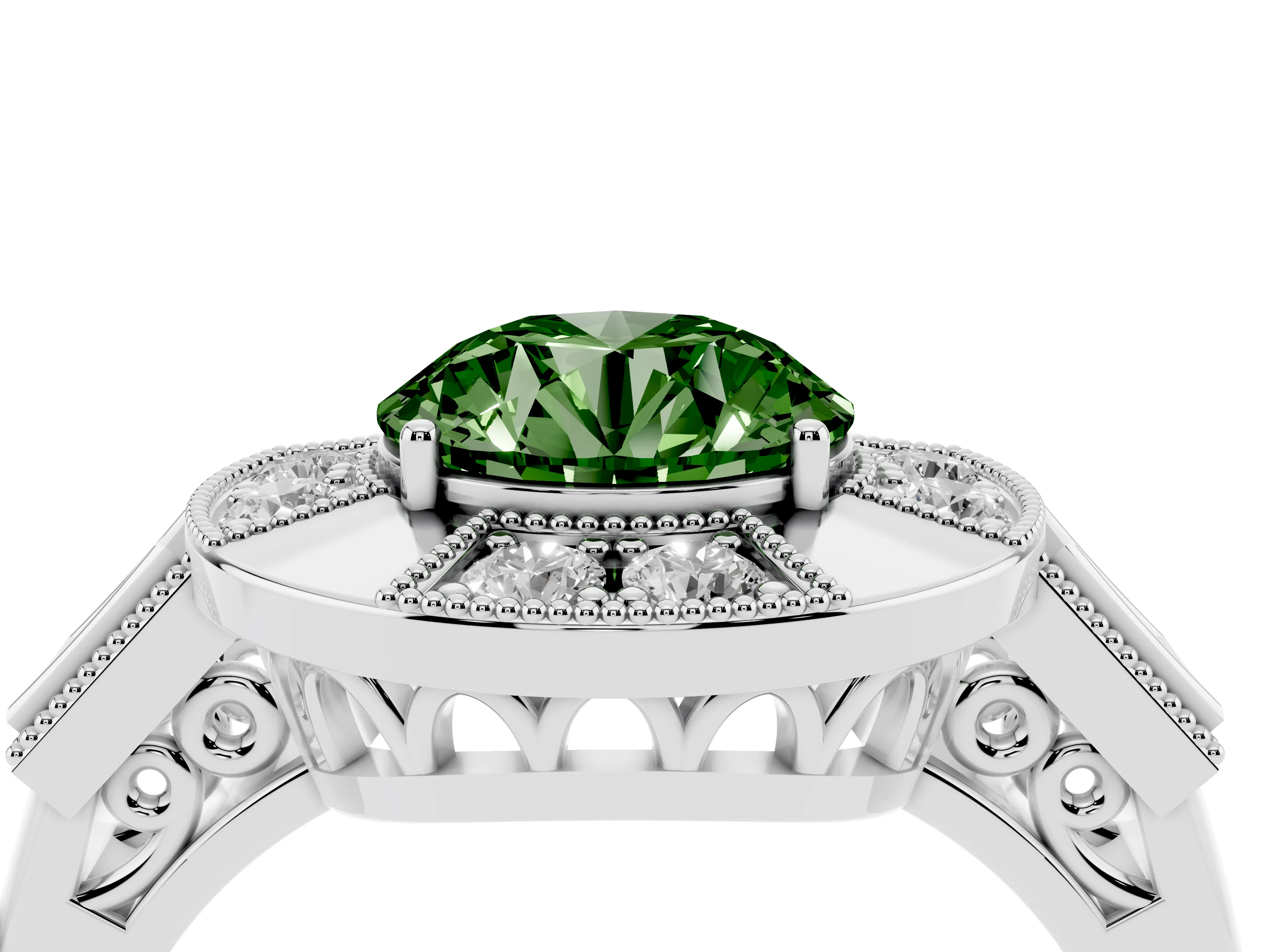 Fancy Green Round Cut Diamond Milgrain Halo Ring Set in Platinum with Split Shank