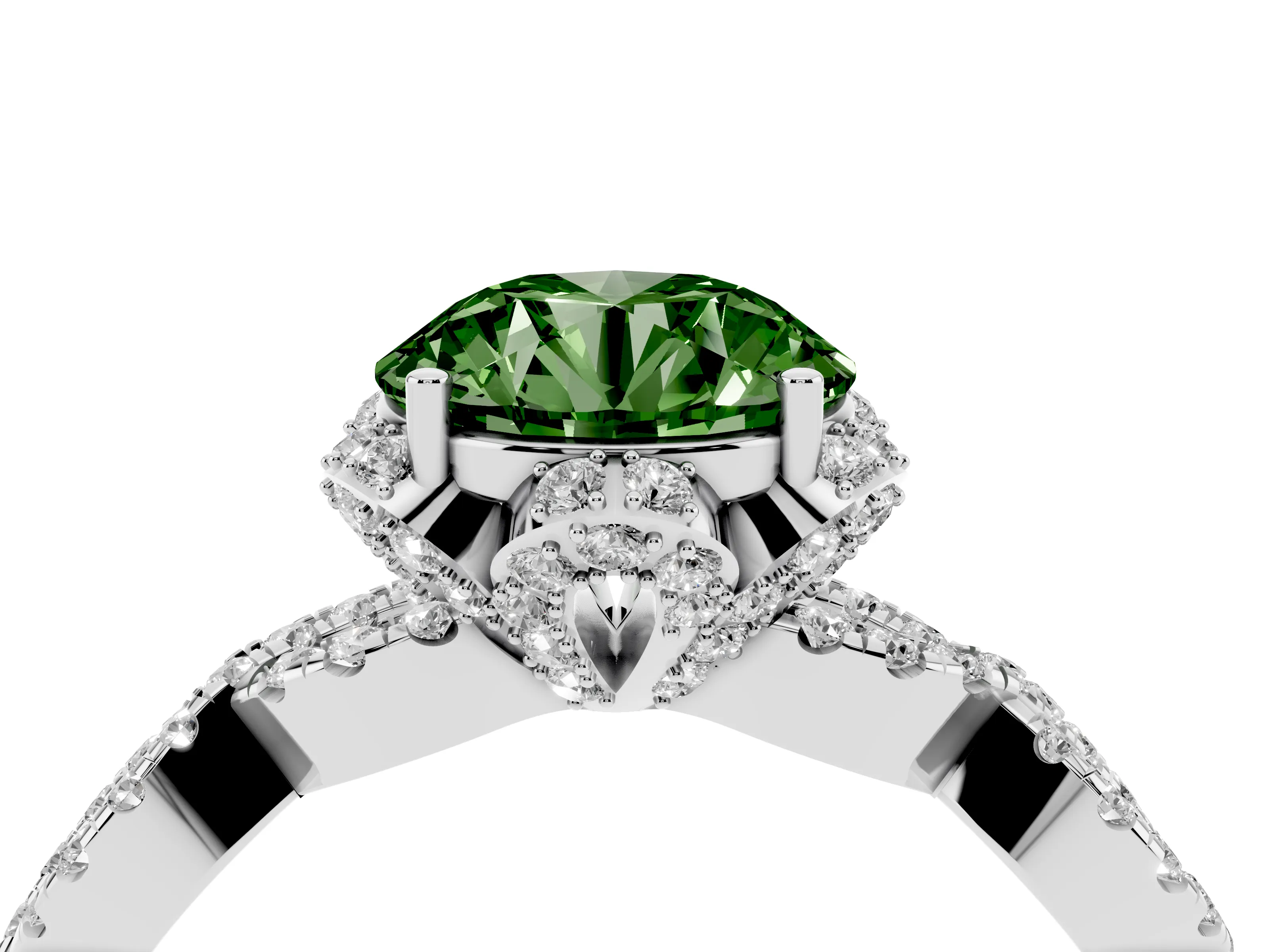 Fancy Green Round Cut Diamond Halo Twist Band Solitaire Ring Set in White gold with Prong-Set Center Stone