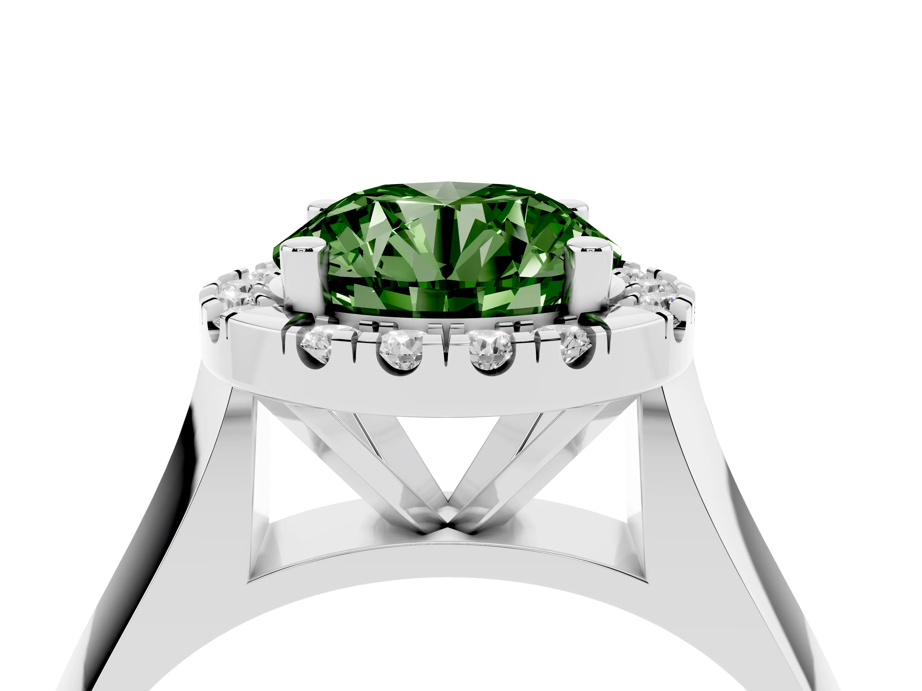 Fancy Green Round Cut Diamond Halo Solitaire Engagement Ring Set in Silver with Square Band and Prong Setting