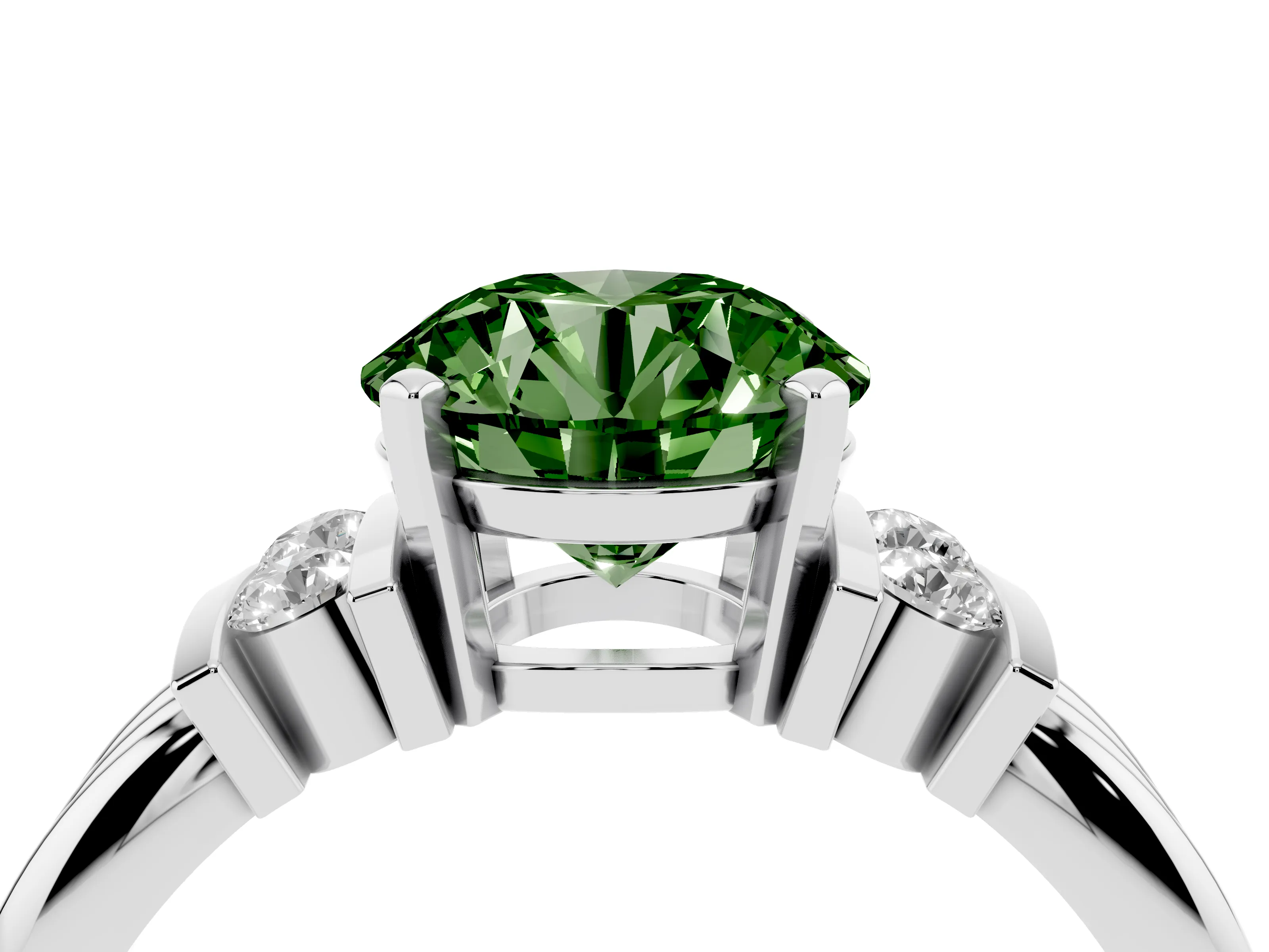 Fancy Green Three-Stone Round Cut Diamond Channel Set Ring Set in Platinum with Bar Prongs