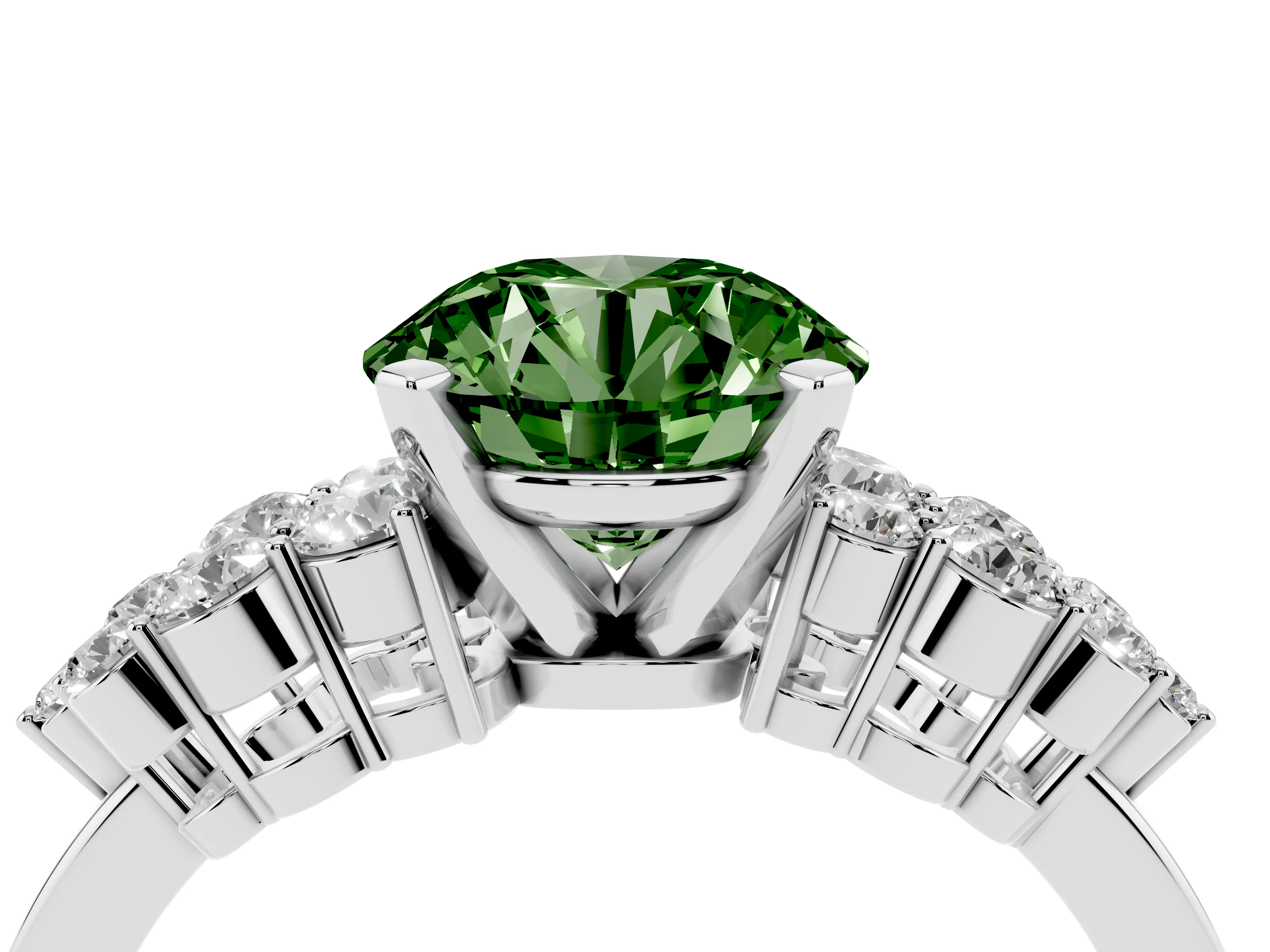Fancy Green Round Cut Diamond Cluster Engagement Ring Set in White gold with Pavé Band and Prong Setting
