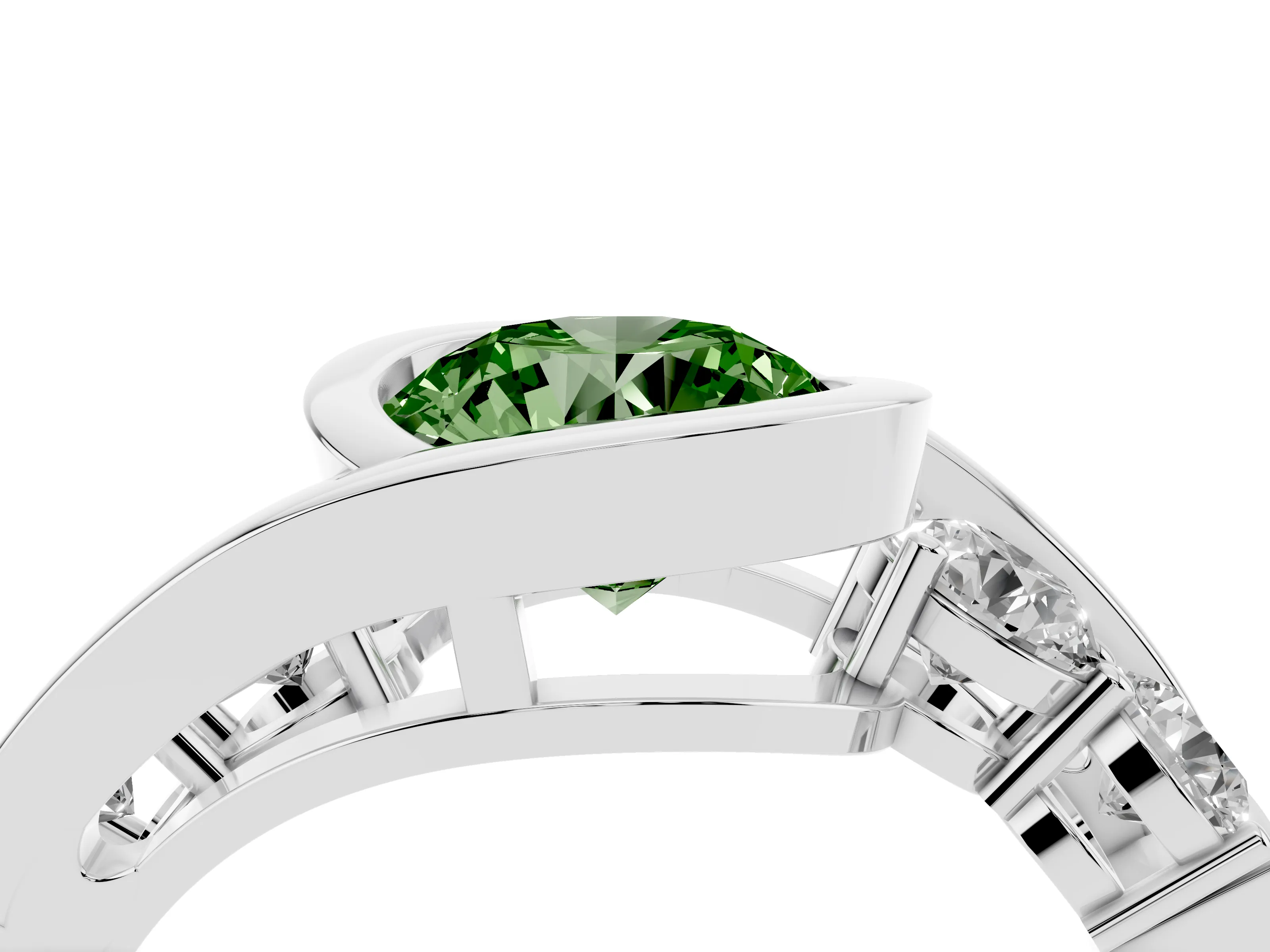 Fancy Green Round Cut Diamond Bezel Bypass Ring Set in Silver with Round Accents