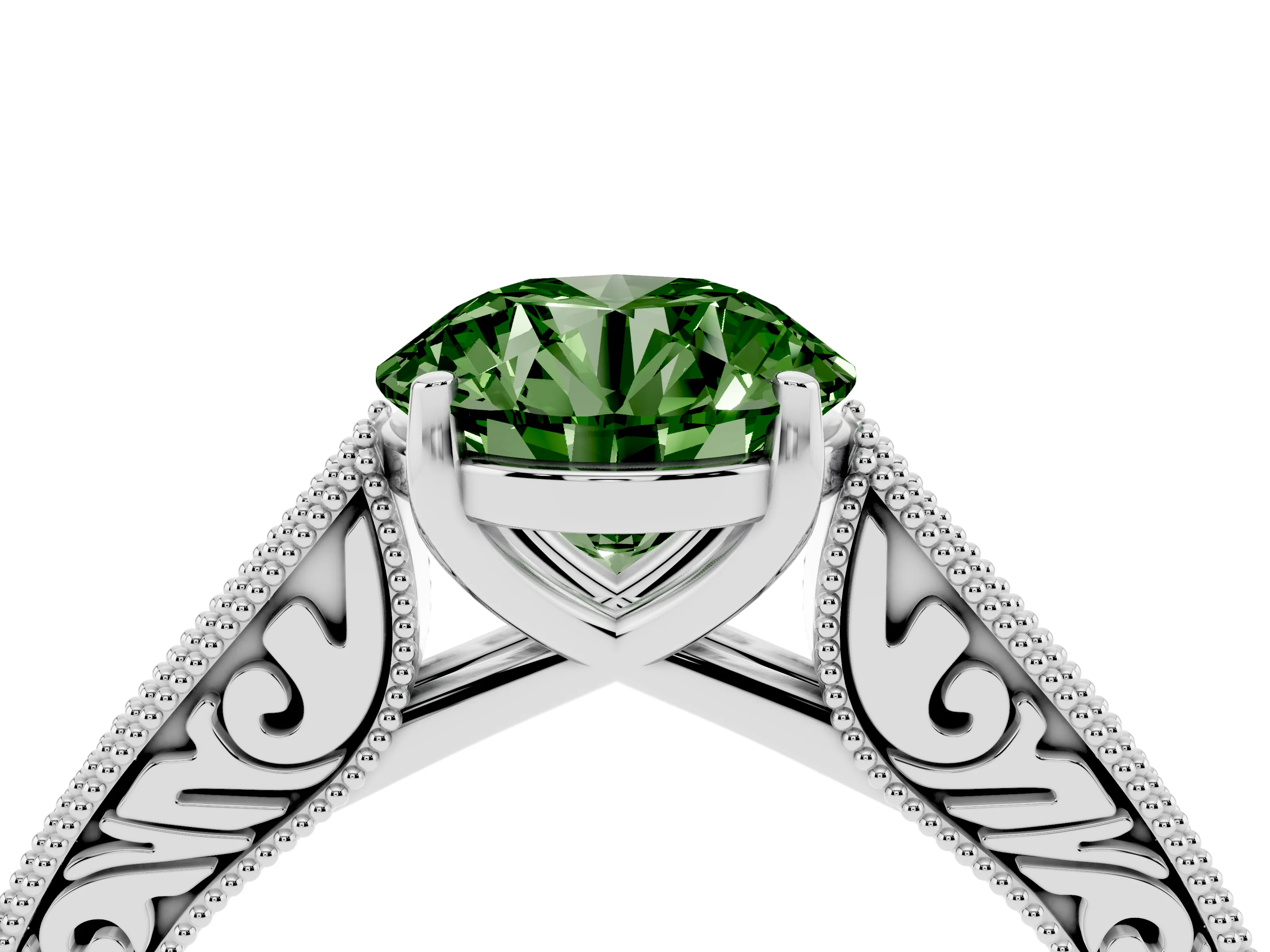 Fancy Green Round Cut Diamond Milgrain Pavé Band Solitaire Ring Set in Silver with Prong Setting