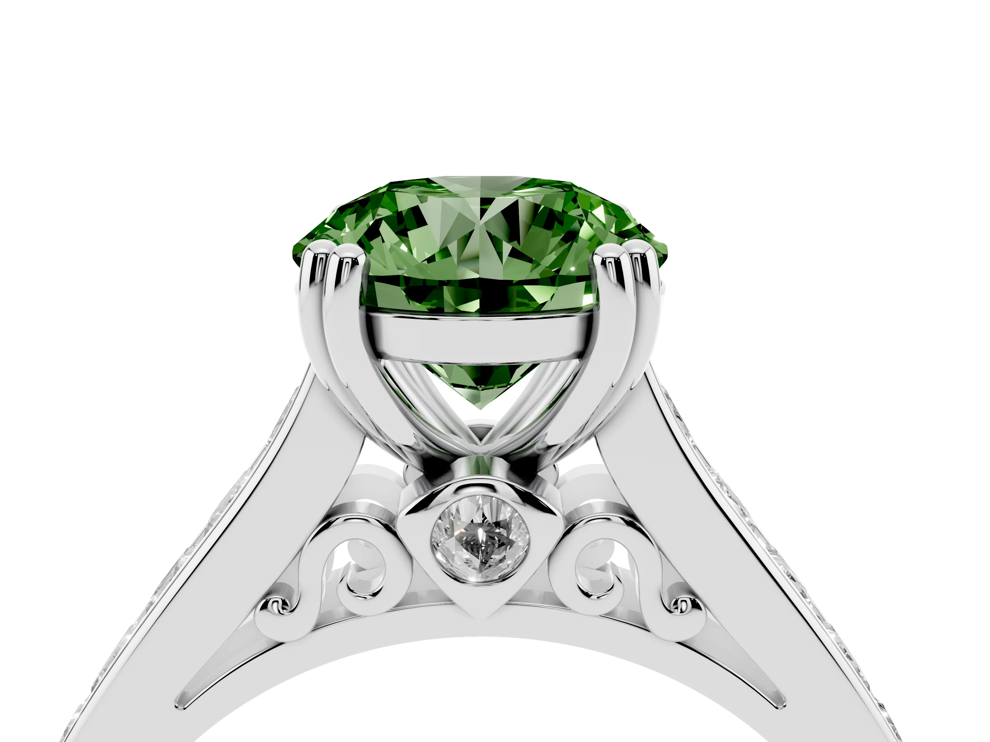 Fancy Green Round Cut Diamond Channel Set Solitaire Engagement Ring Set in Silver with Prong Setting
