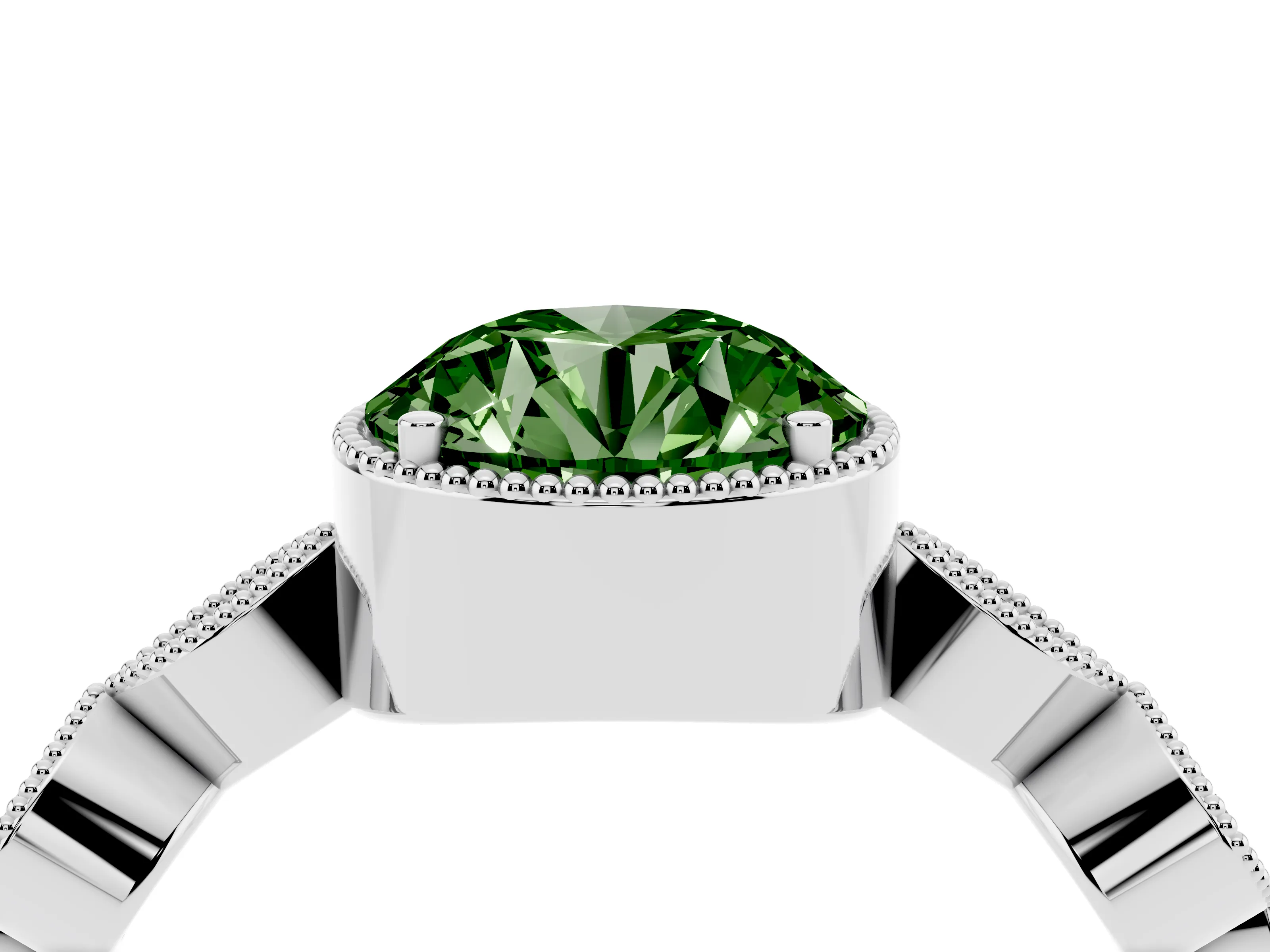 Fancy Green Round Cut Diamond Vintage-Inspired Milgrain Ring Set in Platinum with Marquise Stations of Round Accents