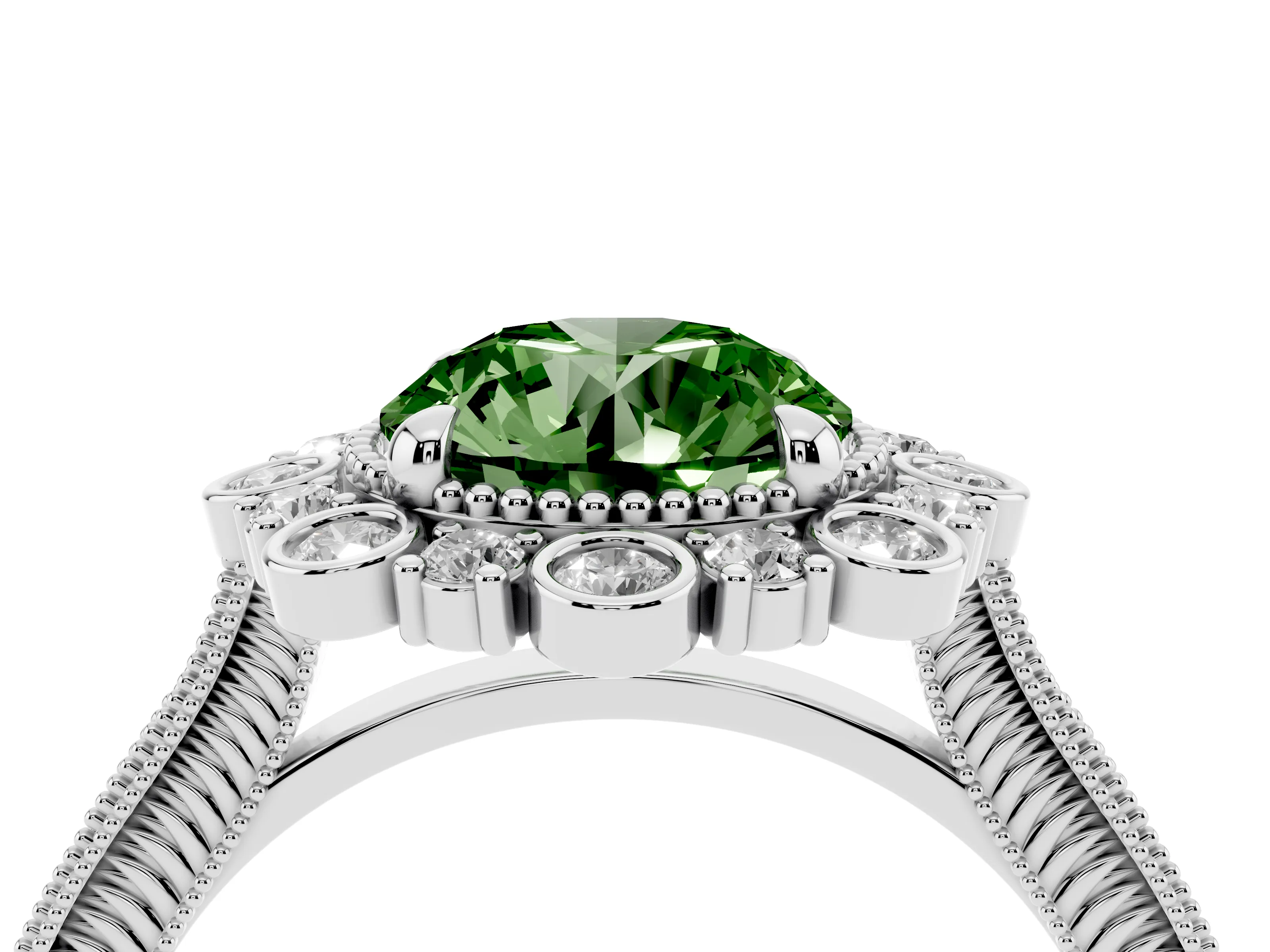 Fancy Green Round Cut Diamond Halo Milgrain Pavé Ring Set in White gold with Prong Setting
