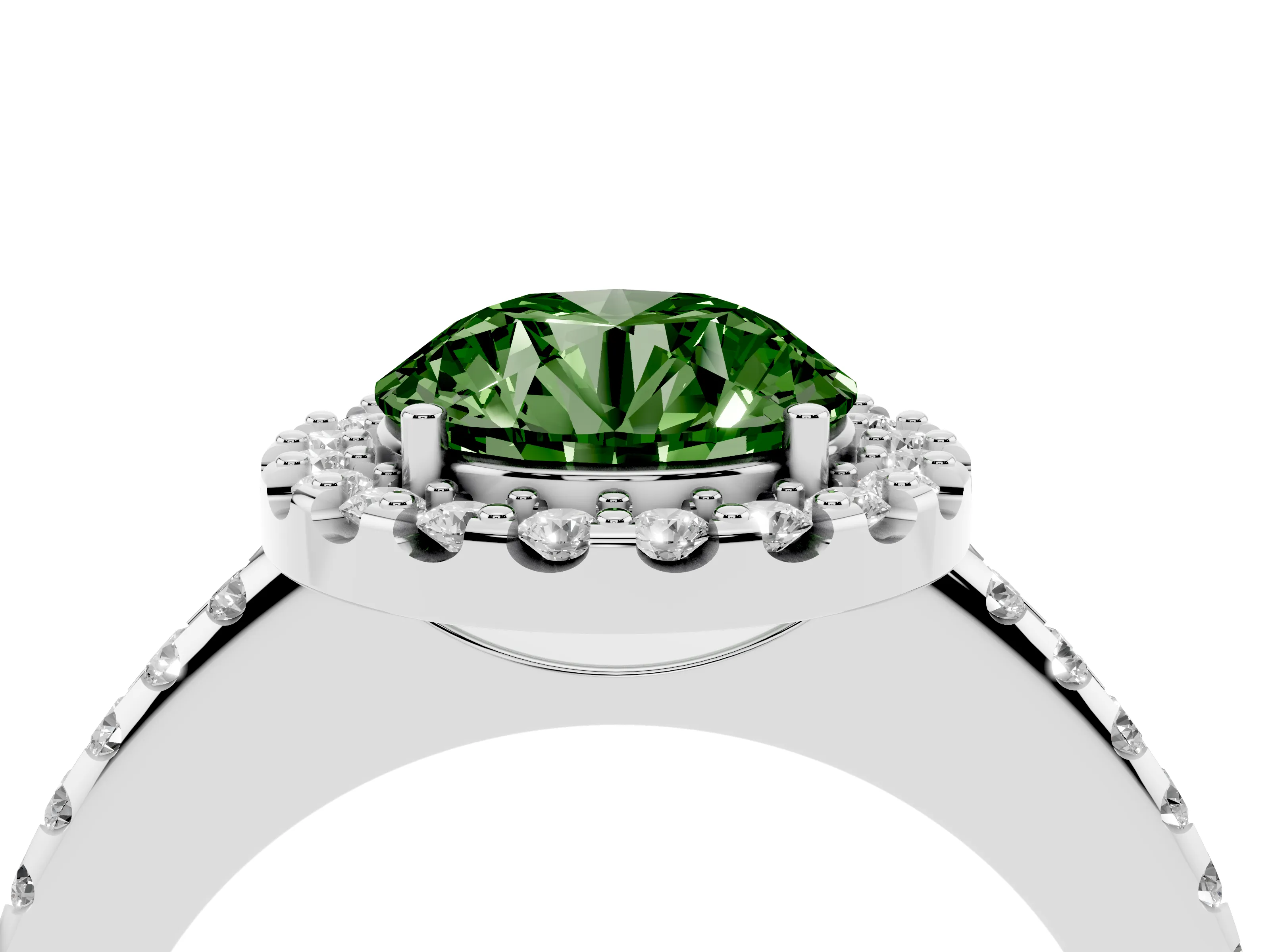 Fancy Green Round Cut Diamond Pavé Halo Ring Set in Silver with Prong Setting