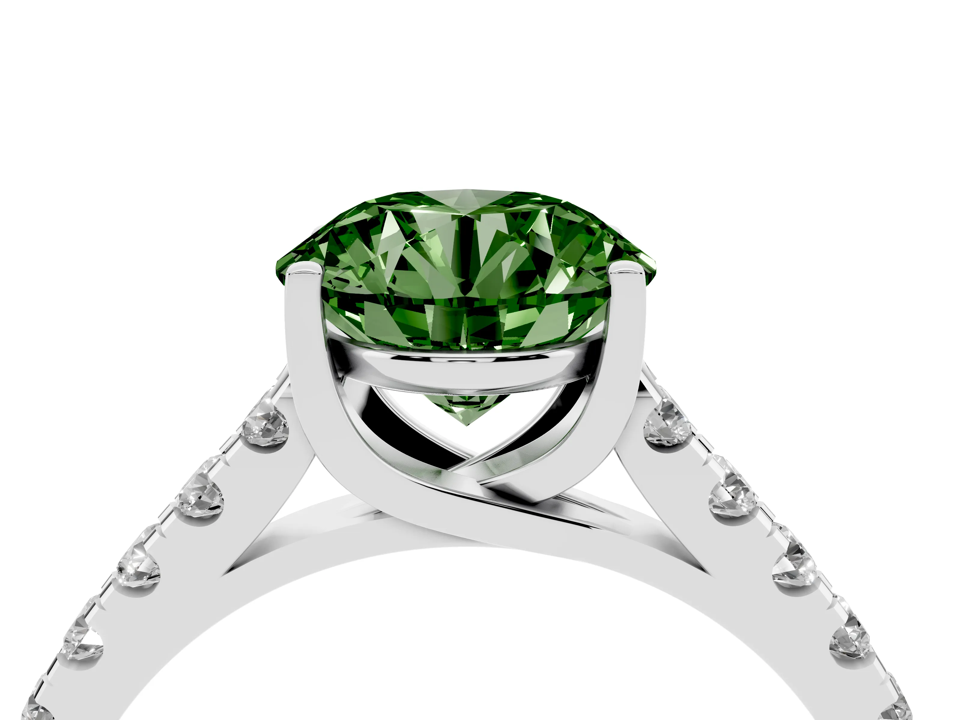 Fancy Green Round Cut Diamond Pavé Band Solitaire Ring Set in Platinum with Partway Accent Stones and Prong Setting