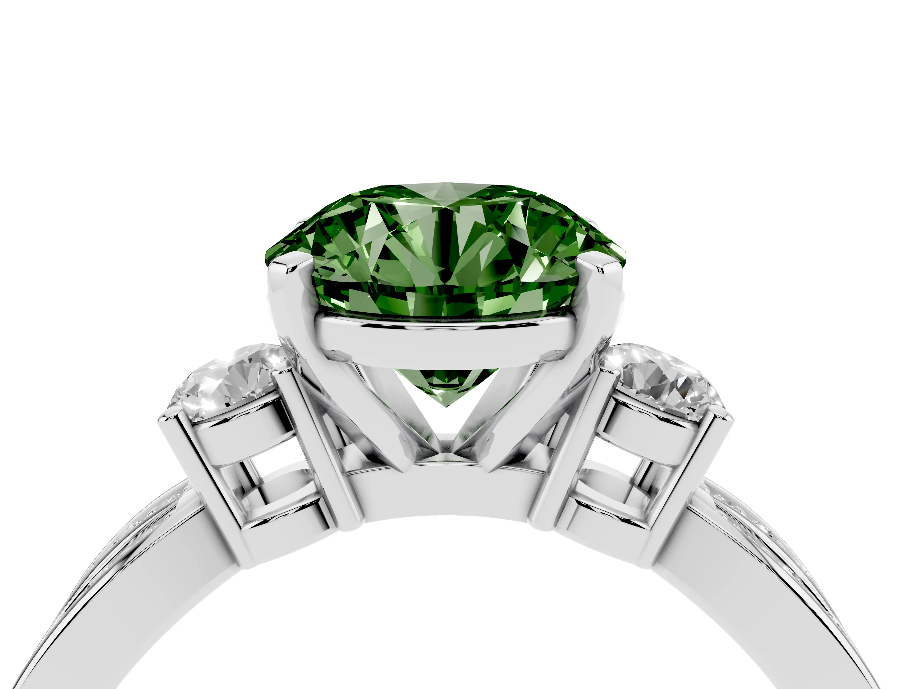 Fancy Green Three-Stone Round Cut Diamond Twist Band Ring Set in Silver with Pavé Accents and Prong Setting