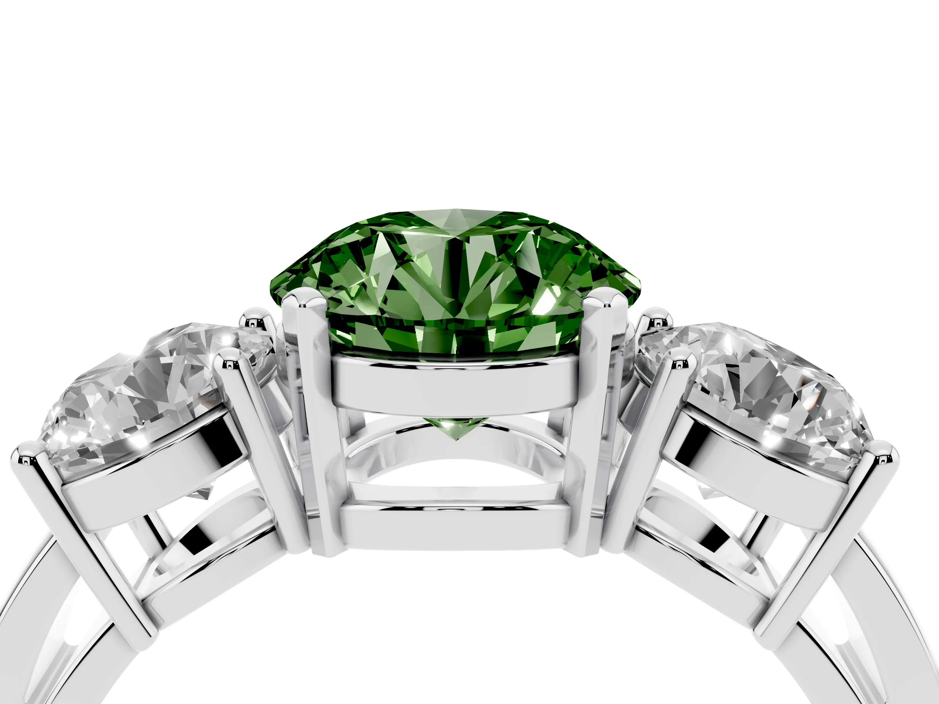 Fancy Green Round Cut Diamond Three-Stone Ring Set in Silver with Round Side Stones and Classic Band
