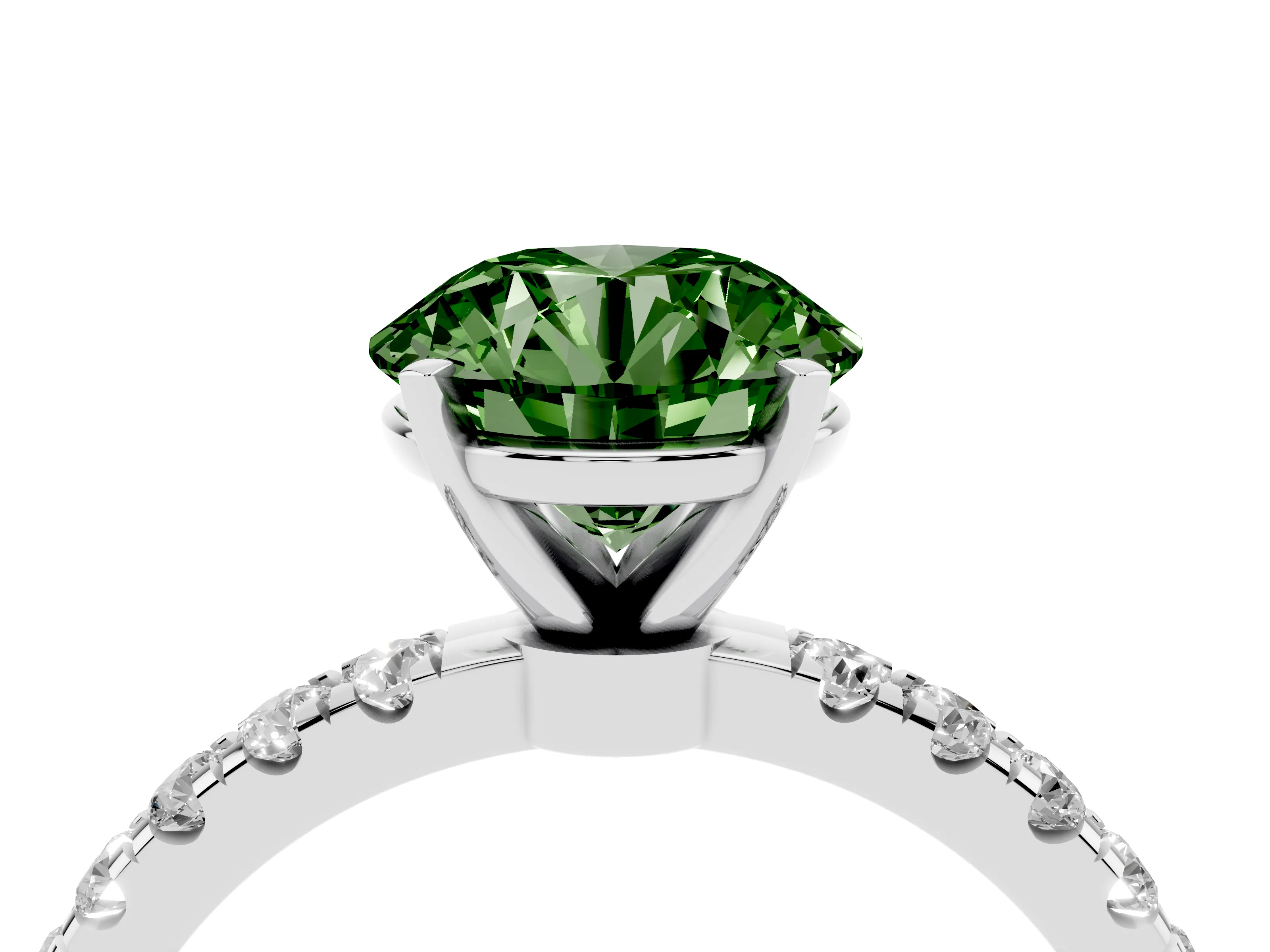 Fancy Green Round Cut Diamond Solitaire Ring Set in Silver with Pavé Accents and Prong Setting