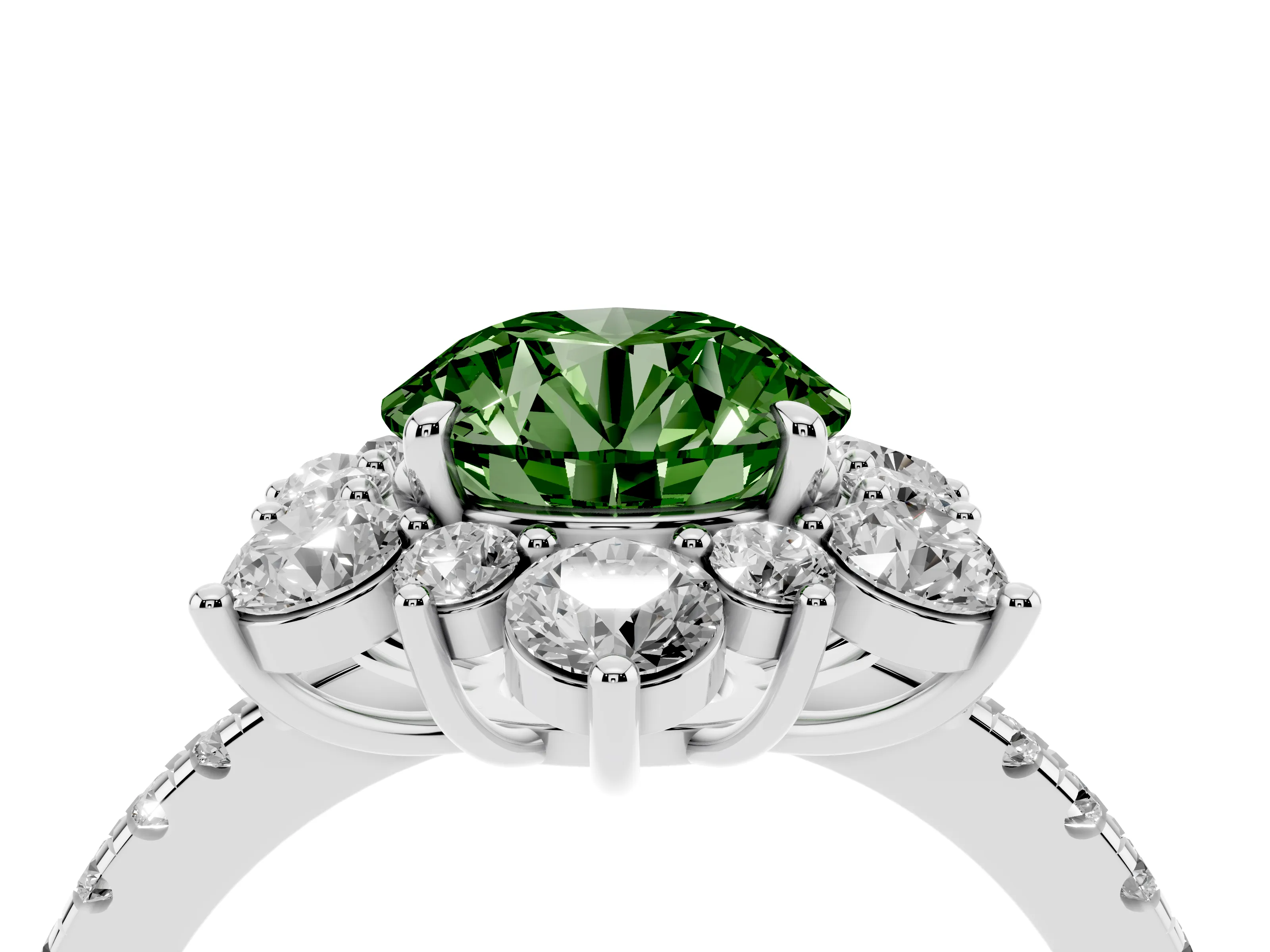 Fancy Green Round Cut Diamond Floral Halo Ring Set in Platinum with Round Pavé Band and Prong Setting