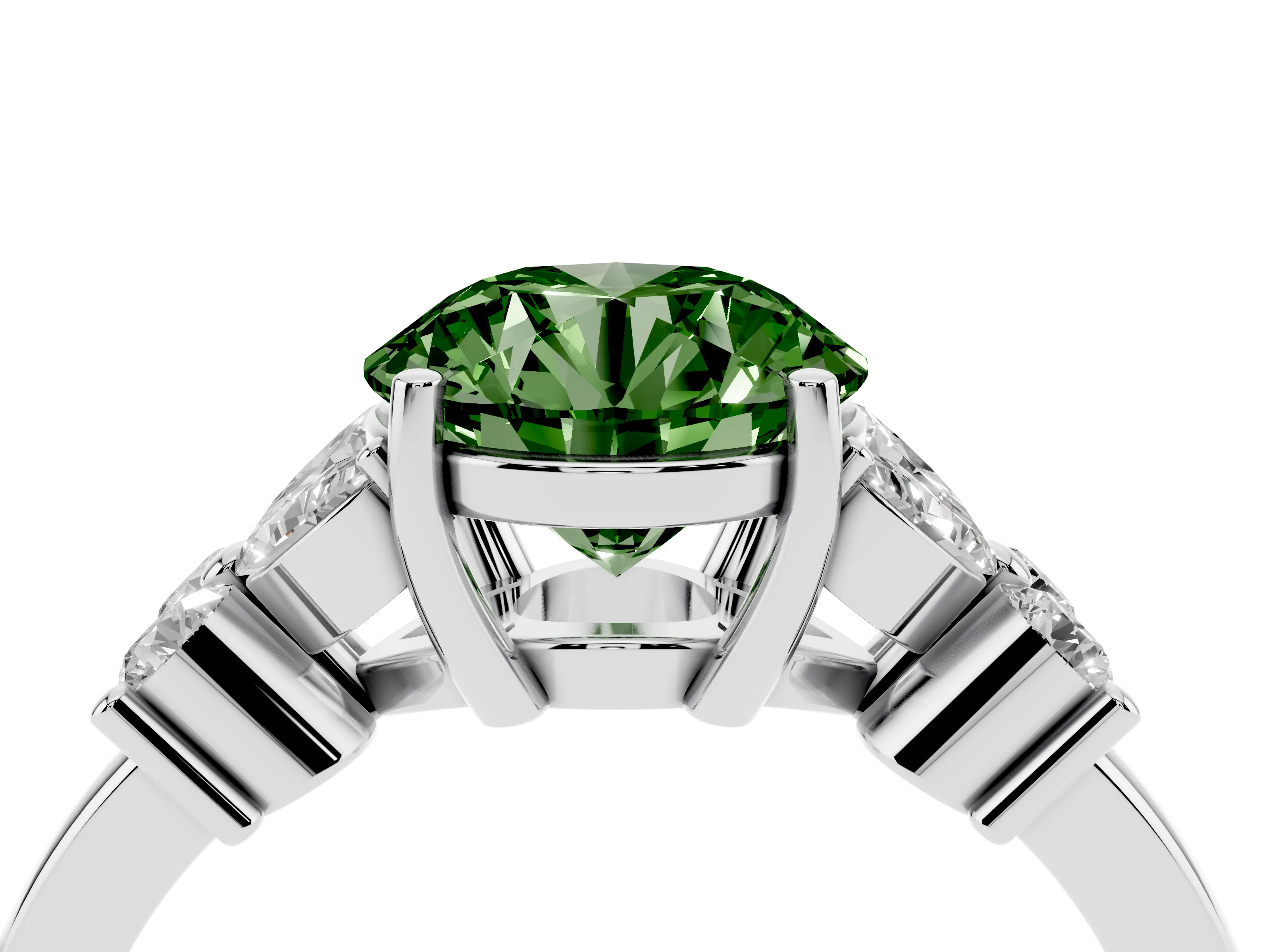 Fancy Green Round Cut Diamond Floral Cluster Ring Set in Platinum with Marquise Petals and Prong Setting
