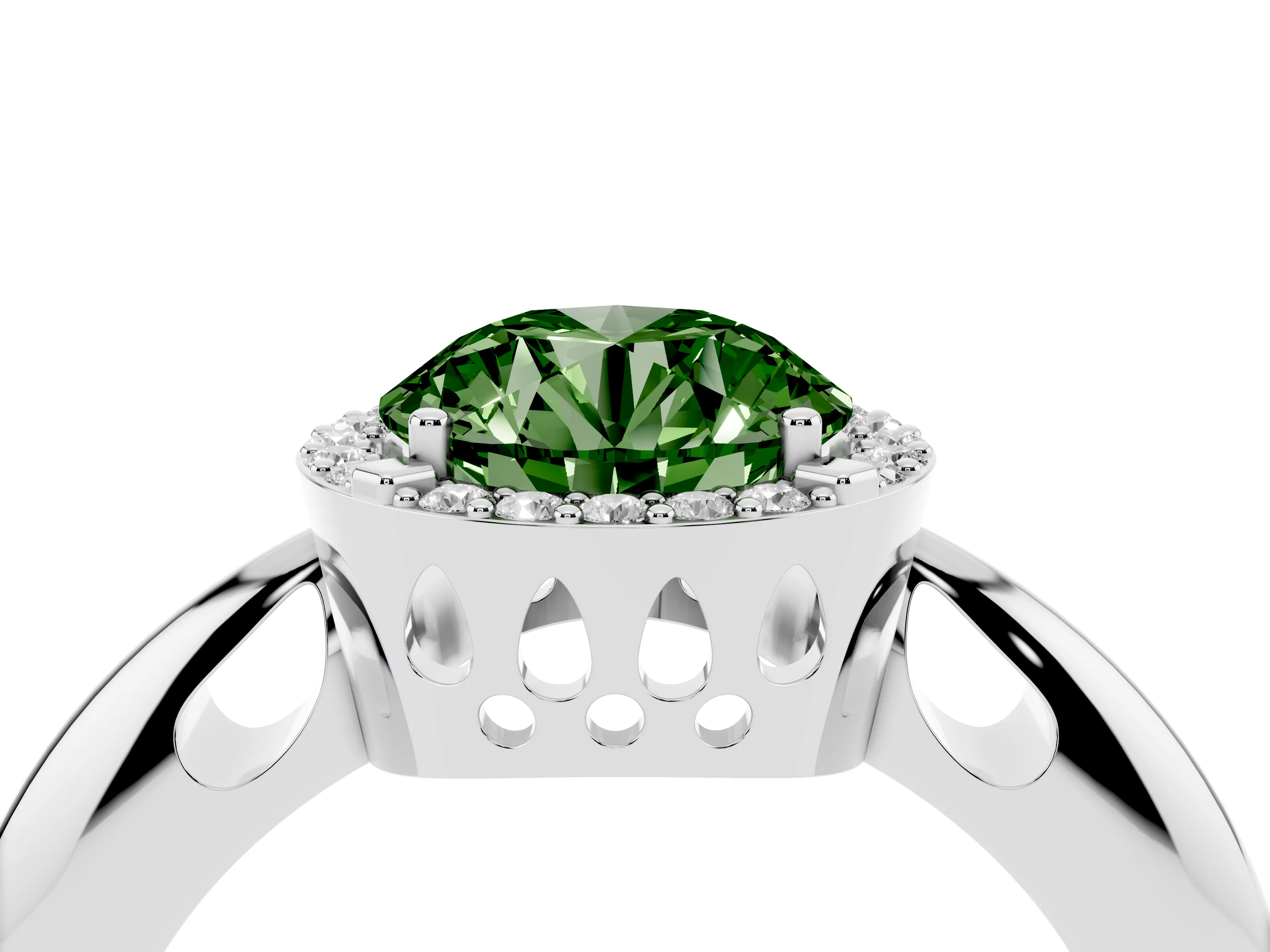 Fancy Green Round Cut Diamond Halo Engagement Ring Set in Silver with Plain Split Shank and Prong Setting