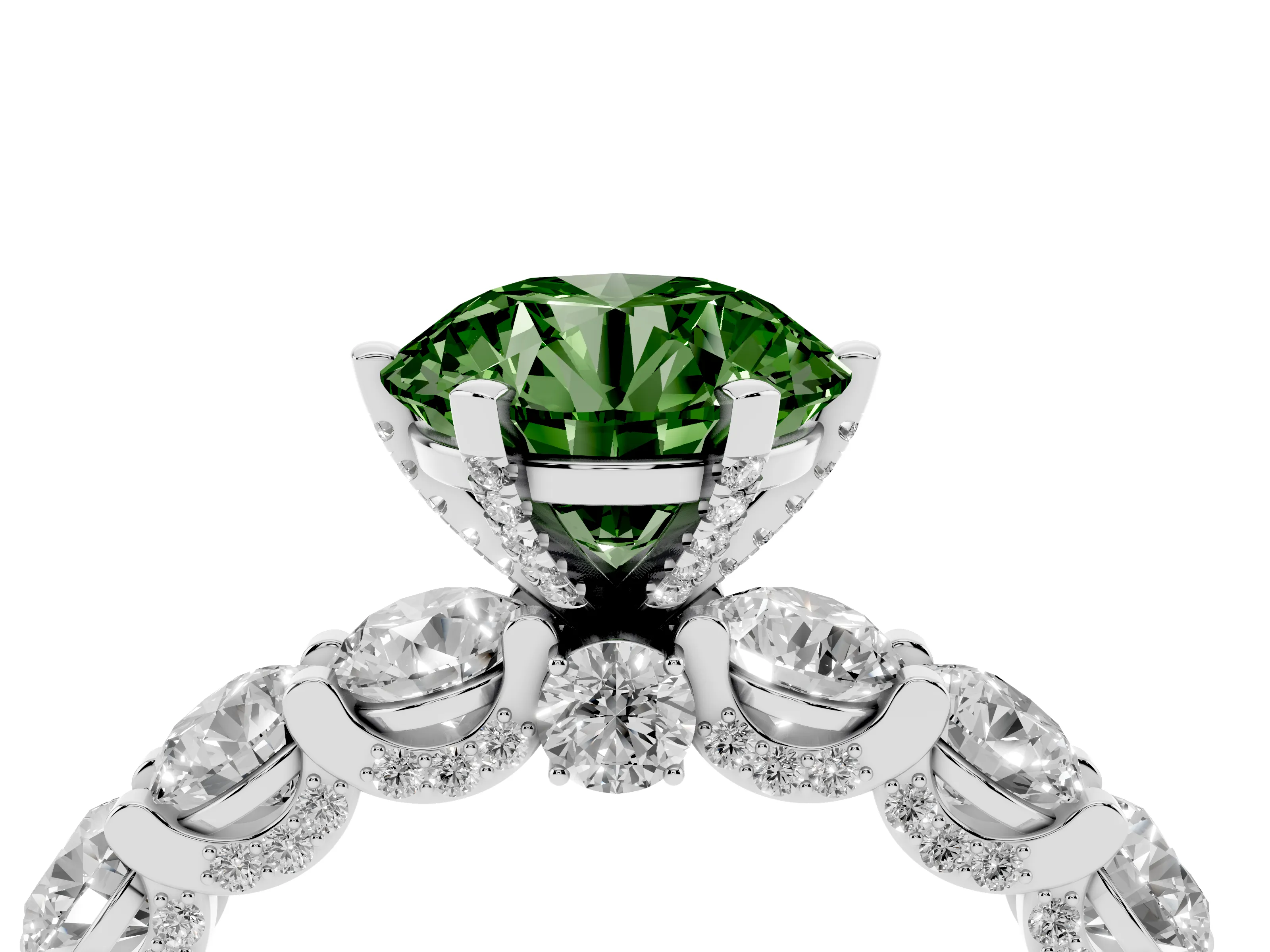 Fancy Green Round Cut Diamond Side Stone Ring Set in Silver with Alternating Round and Oval Side Stones