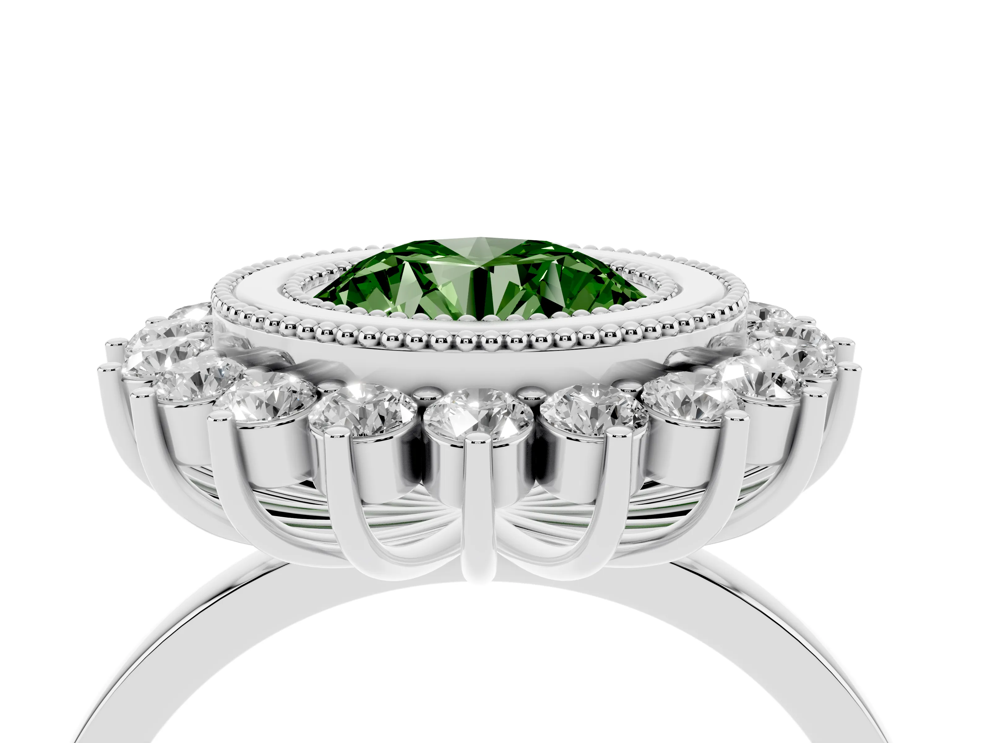 Fancy Green Round Cut Diamond Halo Ring Set in Silver with Milgrain Edge and Round Prong Setting