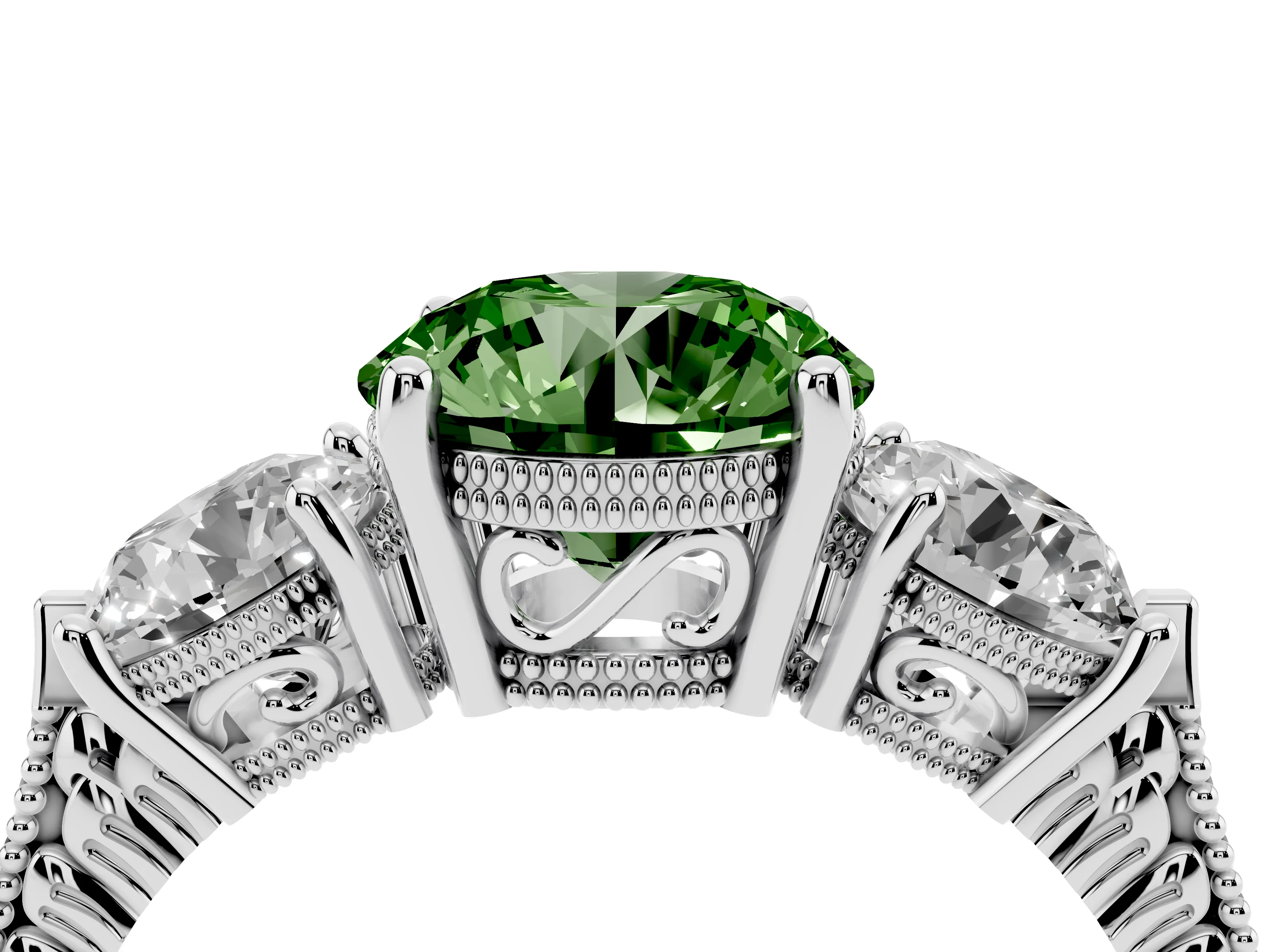 Fancy Green Round Cut Diamond Three-Stone Ring Set in Platinum with Milgrain Band