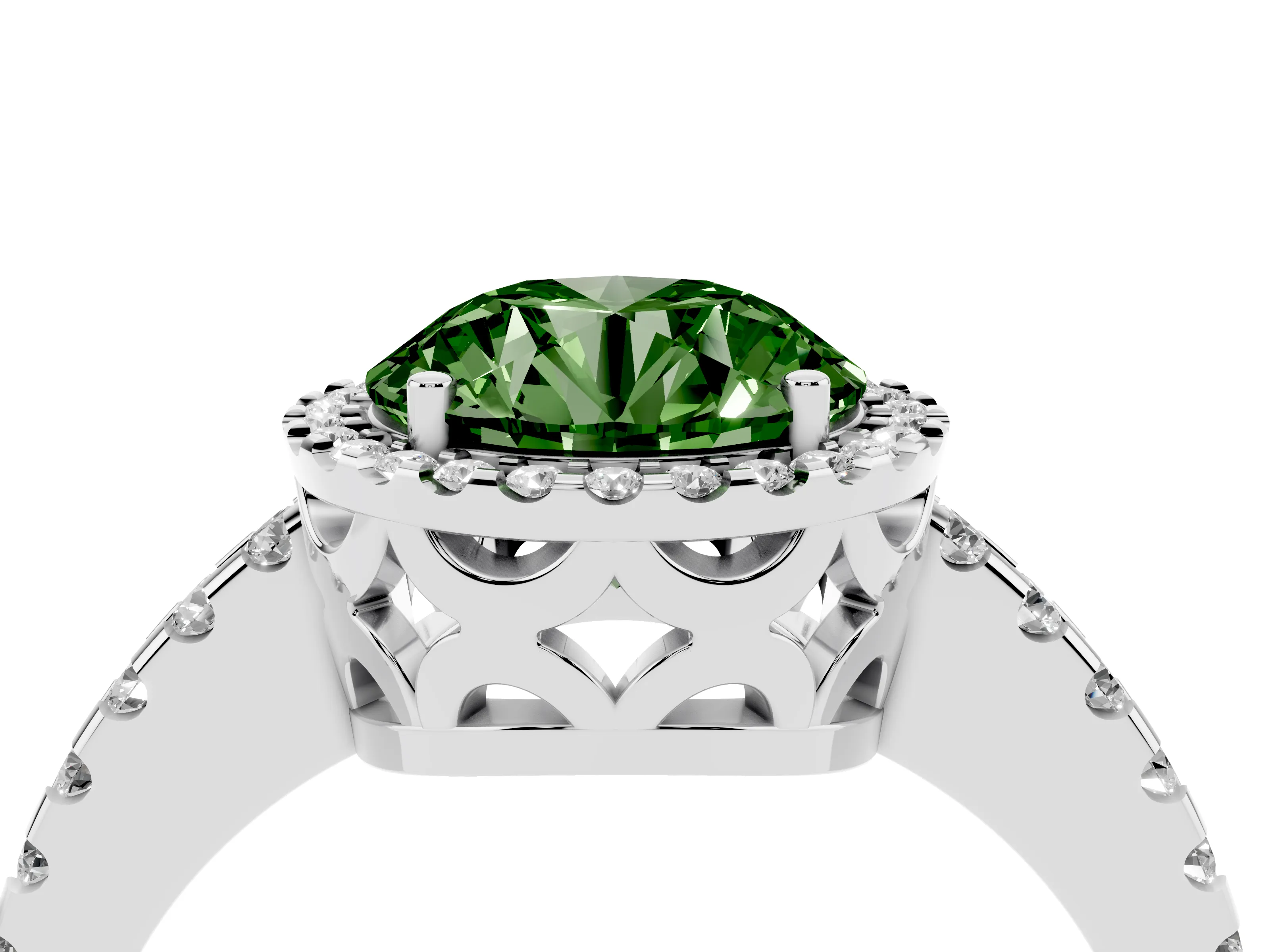 Fancy Green Round Cut Diamond Halo Ring Set in Platinum with Pavé Shoulders and Halo-Framed Center