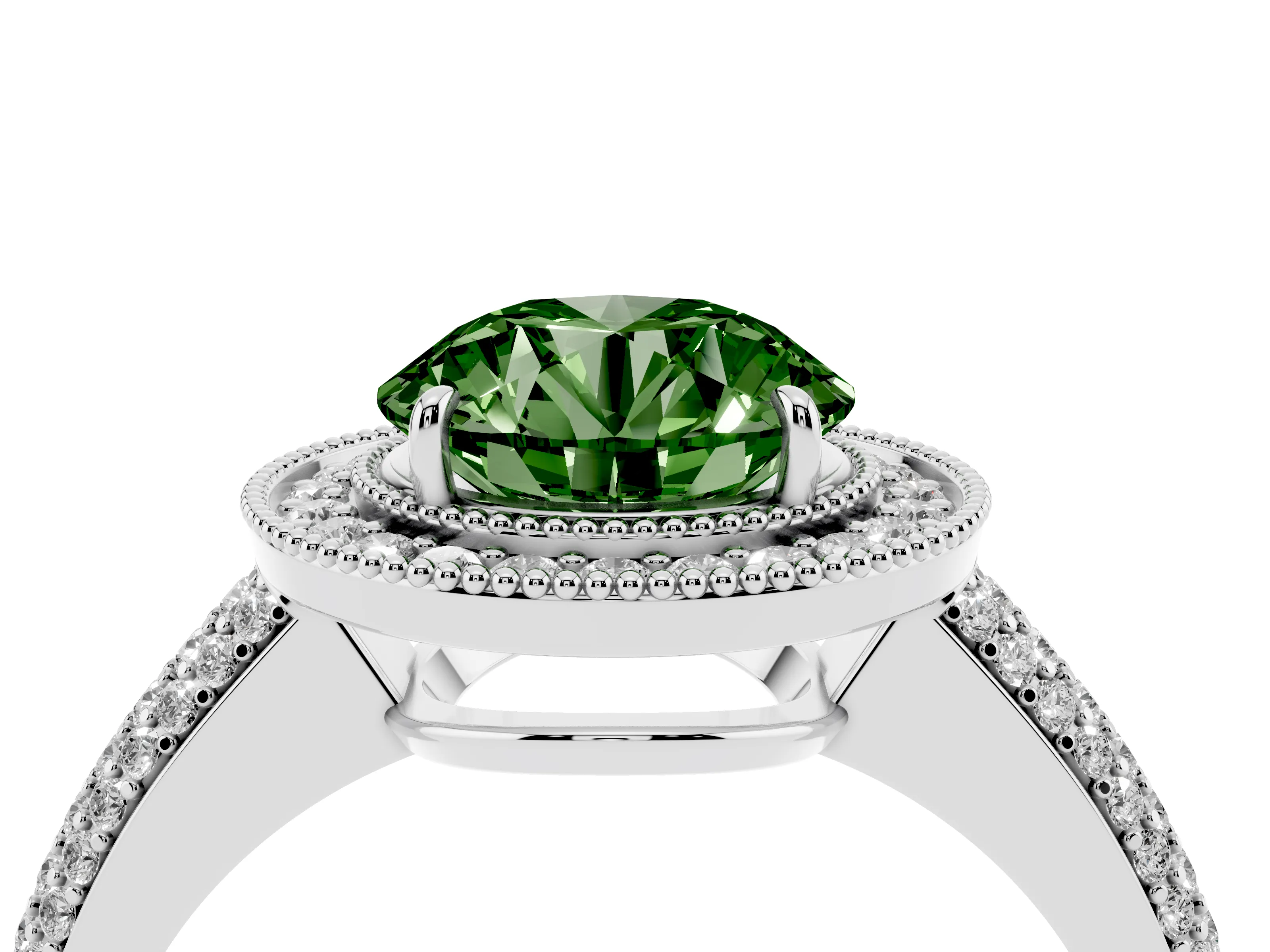 Fancy Green Round Cut Diamond Halo Pavé Band Set in White gold with Prong Setting