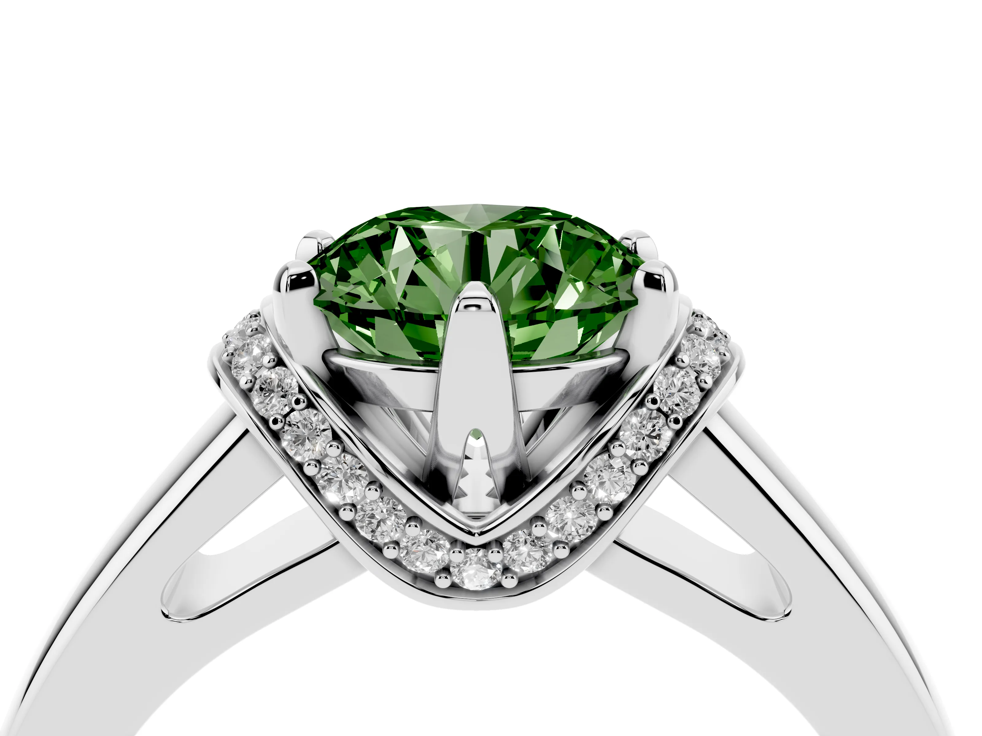 Fancy Green Round Cut Diamond Pavé Band Solitaire Ring Set in Silver with Prong Setting