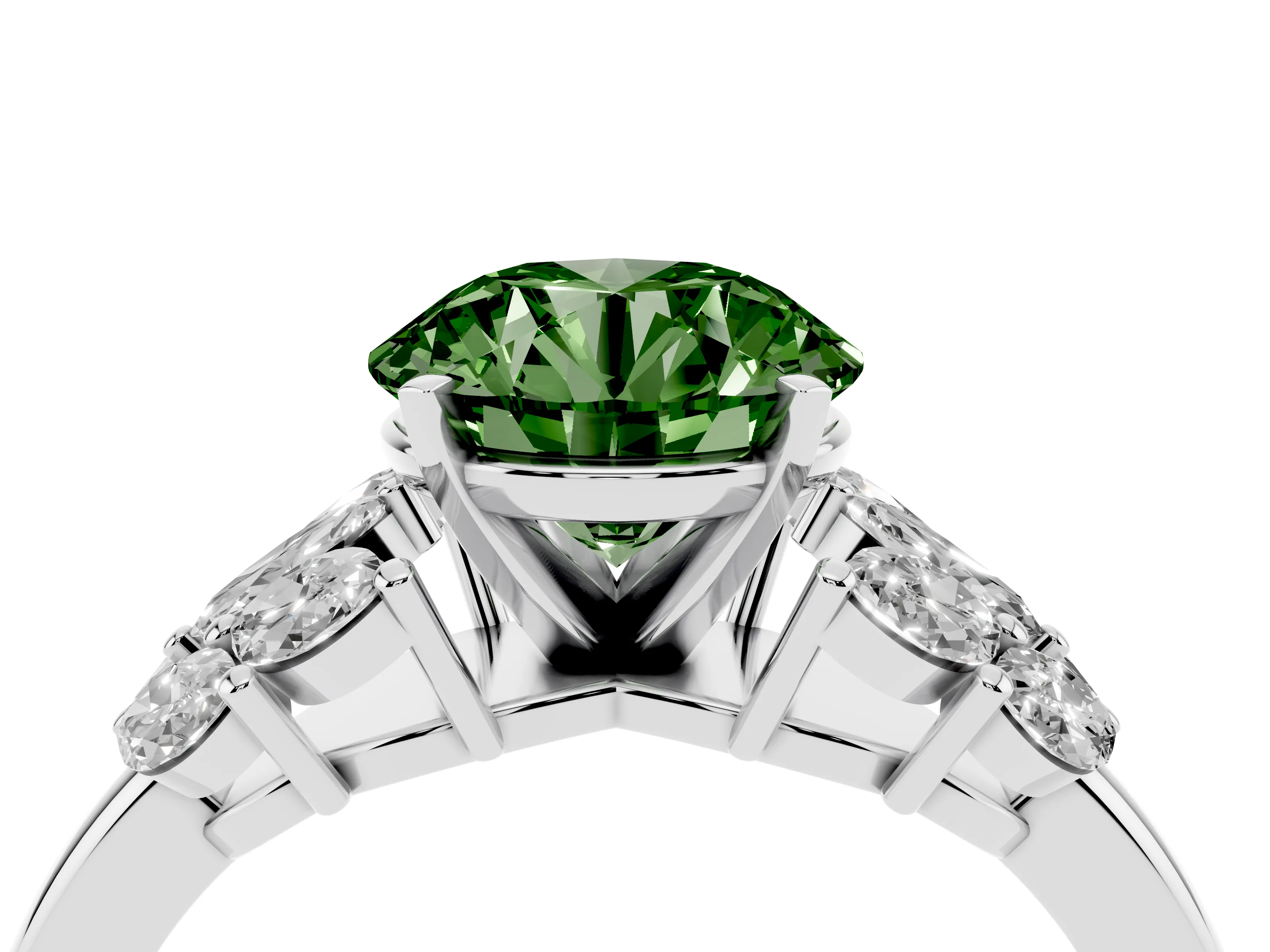 Fancy Green Round Cut Diamond Cluster Leaf Design Ring Set in Silver with Prong Setting