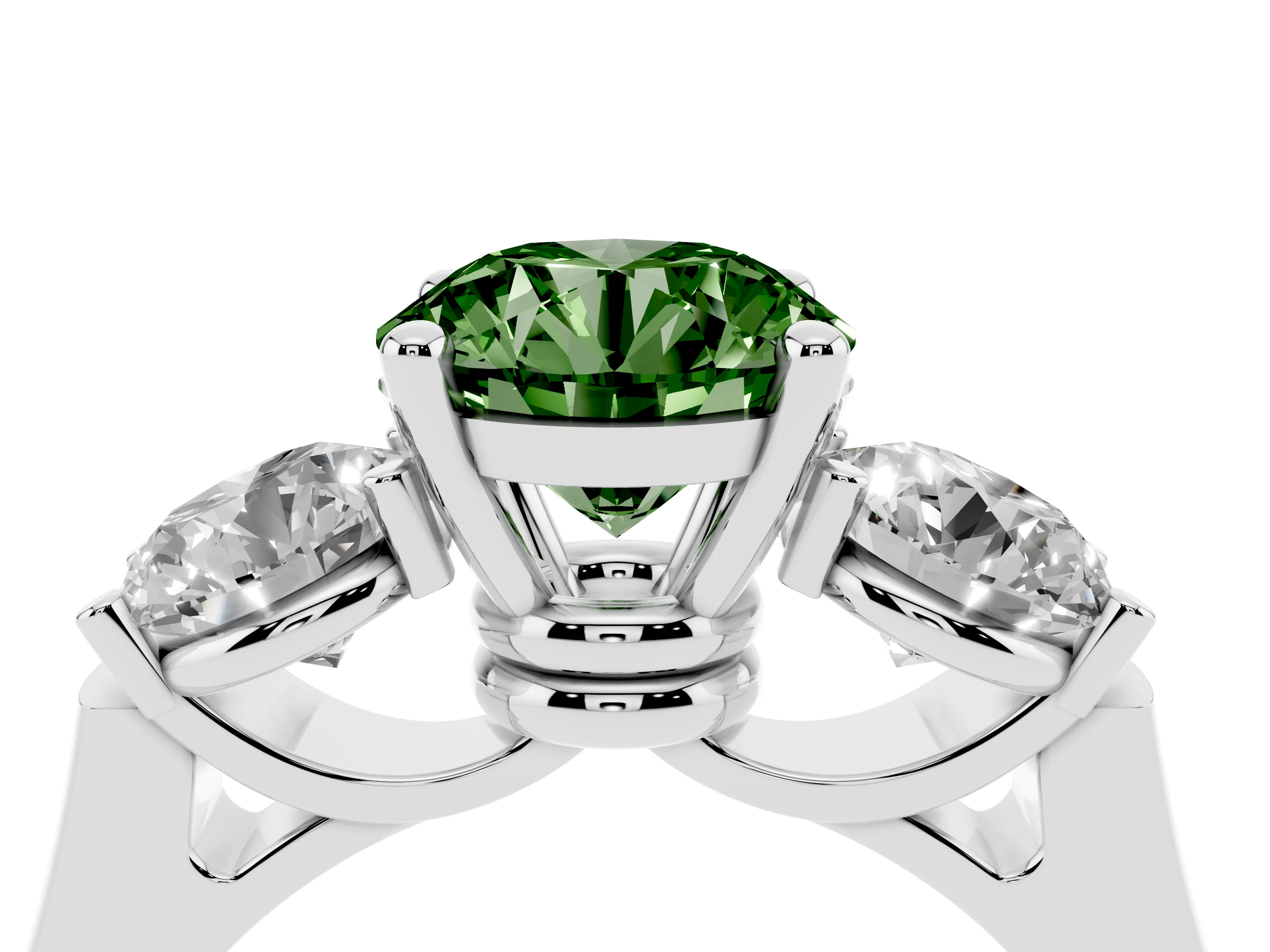 Fancy Green Round Cut Diamond Three-Stone Trellis Ring Set in Platinum with Comfort Fit Band