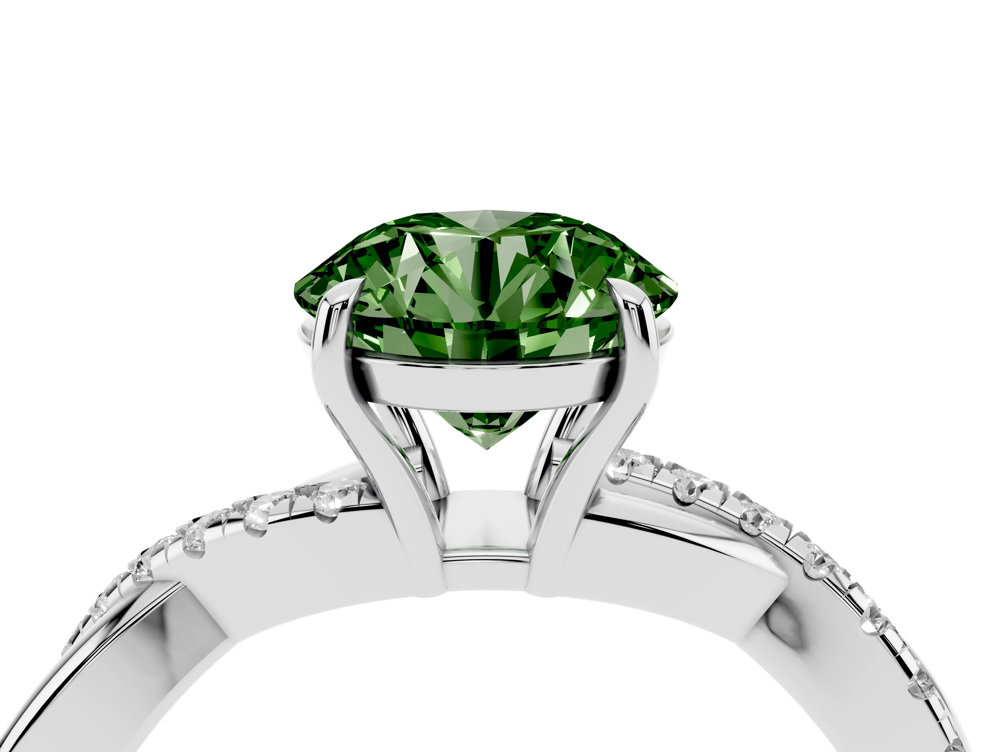 Fancy Green Round Cut Diamond Twisted Pavé Band Ring Set in Silver with Prong Setting