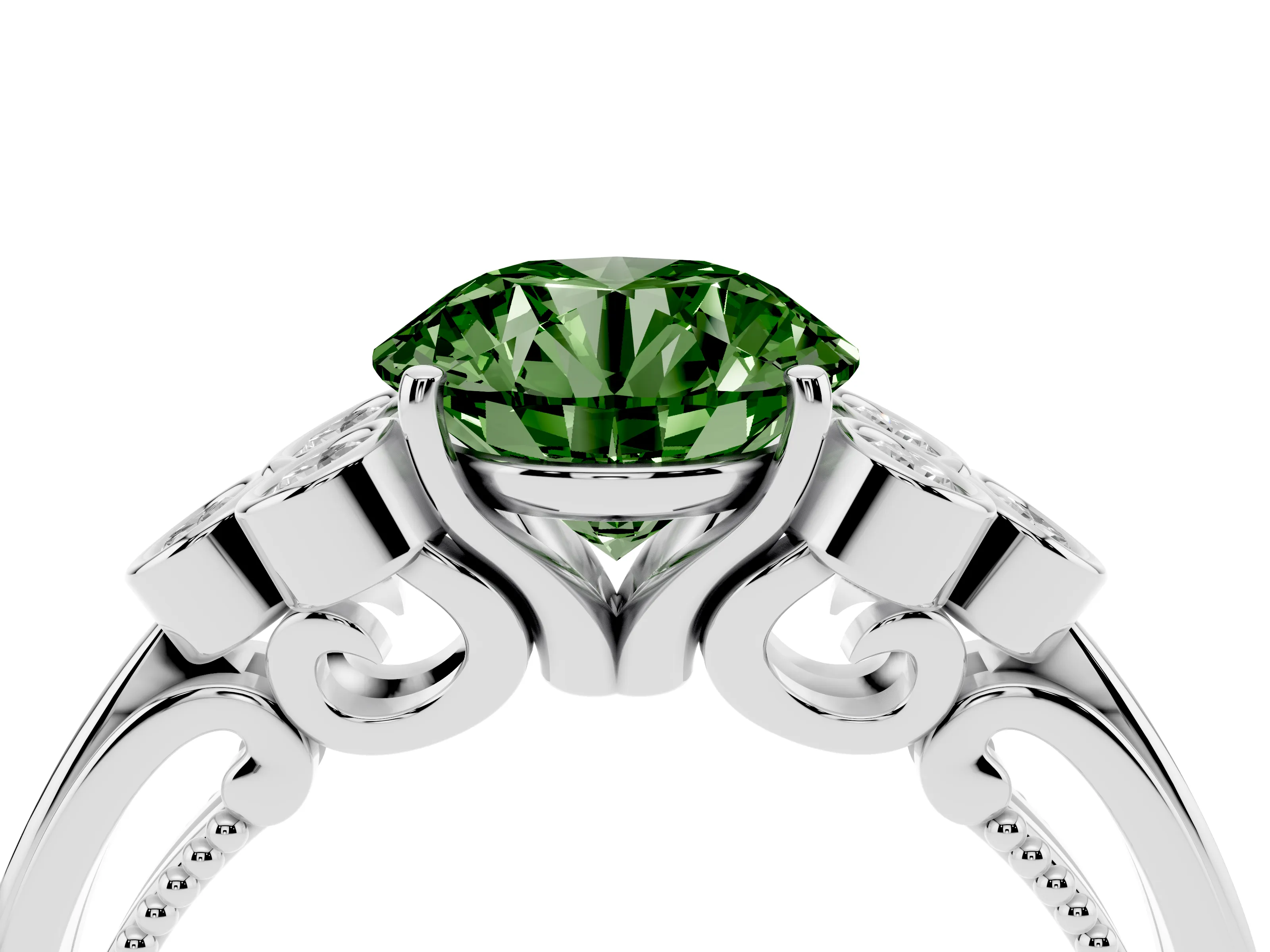 Fancy Green Round Cut Diamond Engagement Ring Set in Platinum with Bezel Set Round Side Stones and Prong Setting