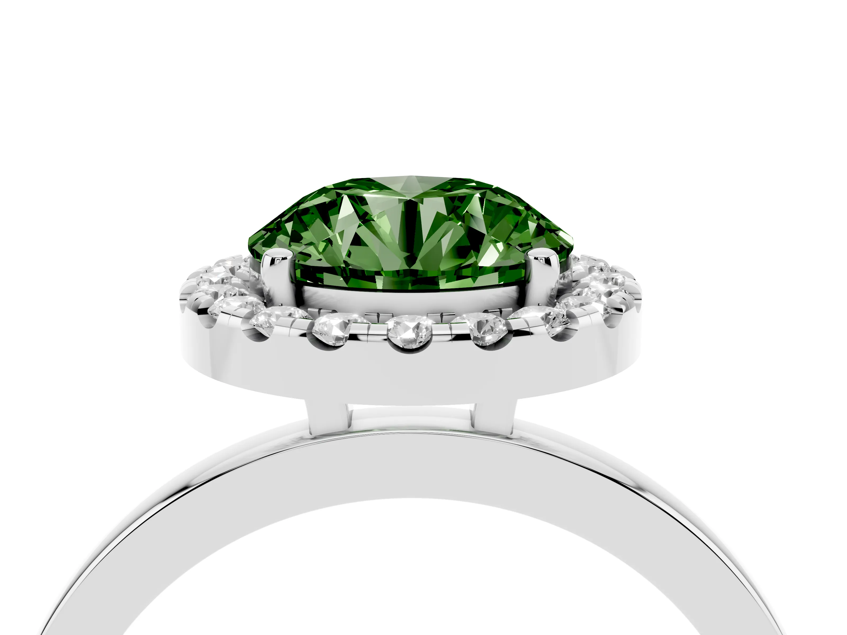 Fancy Green Round Cut Diamond Halo Solitaire Ring Set in Platinum with Pavé Band and Prong Setting